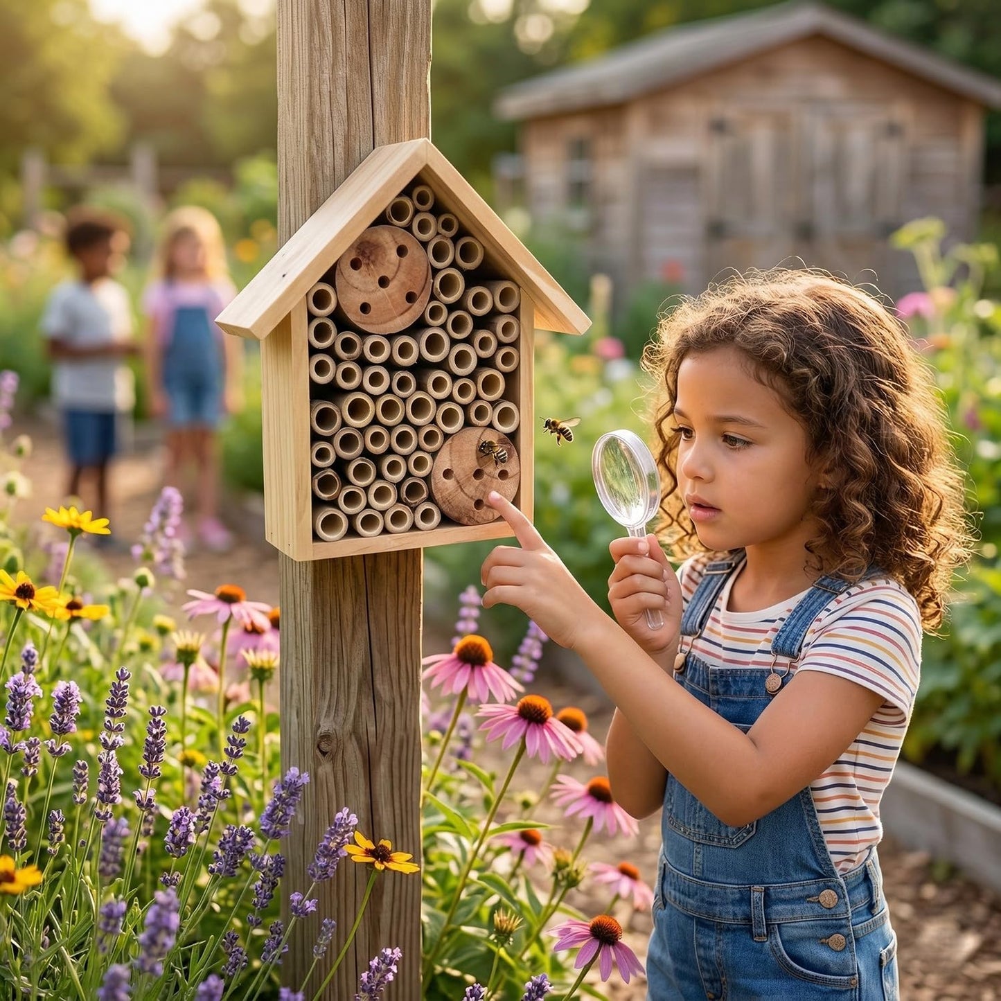 EGREE Mason Bee Houses Outdoor Wooden Bee Hotel for Garden and Yard Hand-Made Bamboo Bee Hive for Bees Butterflies and Ladybugs, Medium Size 8"x7.5"x5", Natural Finish