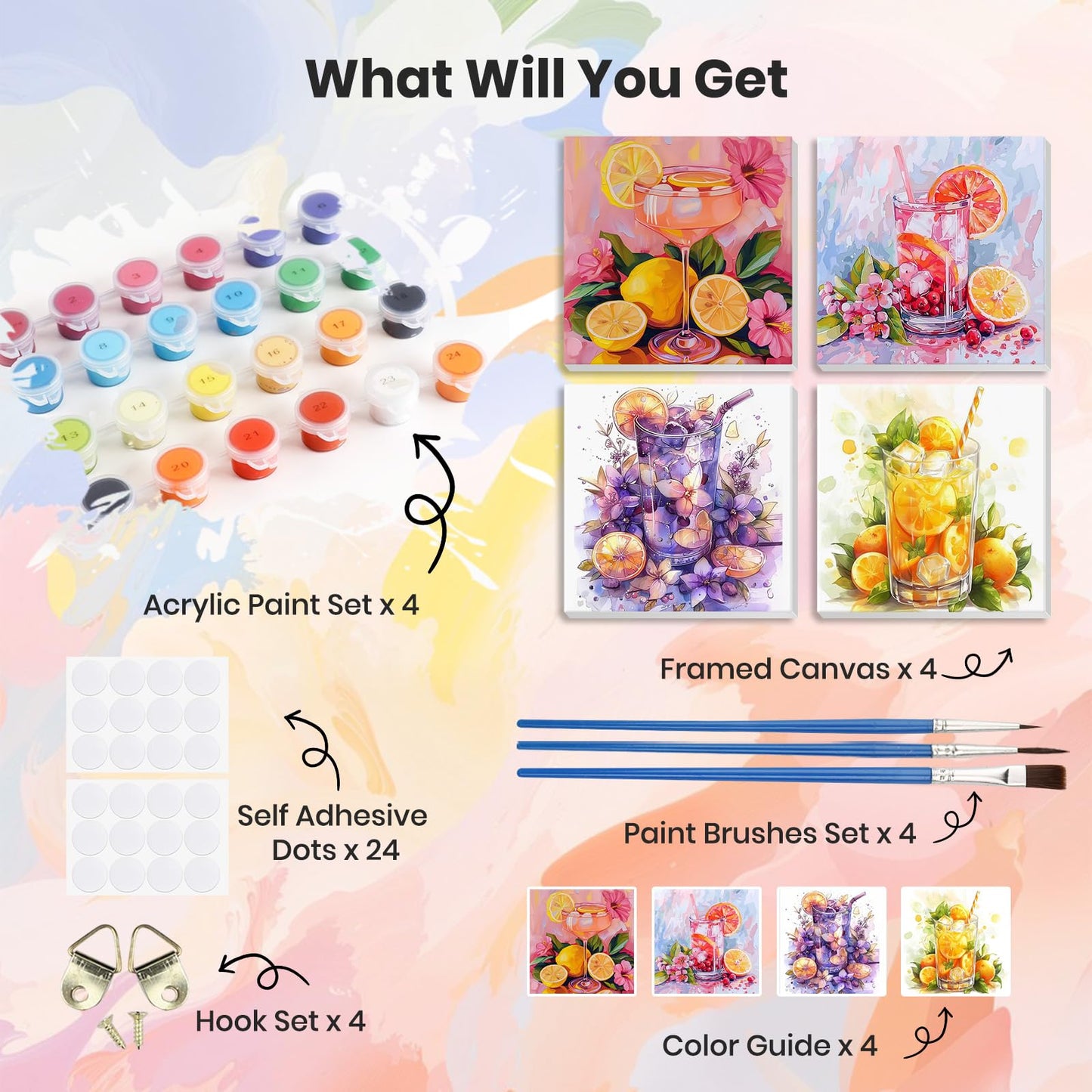 HEIBAGO 4 Pack Framed Paint by Numbers Kit for Adults Beginner, Adult Paint by Number Kits Cocktail, DIY Paint by Numbers for Adults,Small Easy Acrylic Oil Painting for Wall Decor 8 x 8 Inch