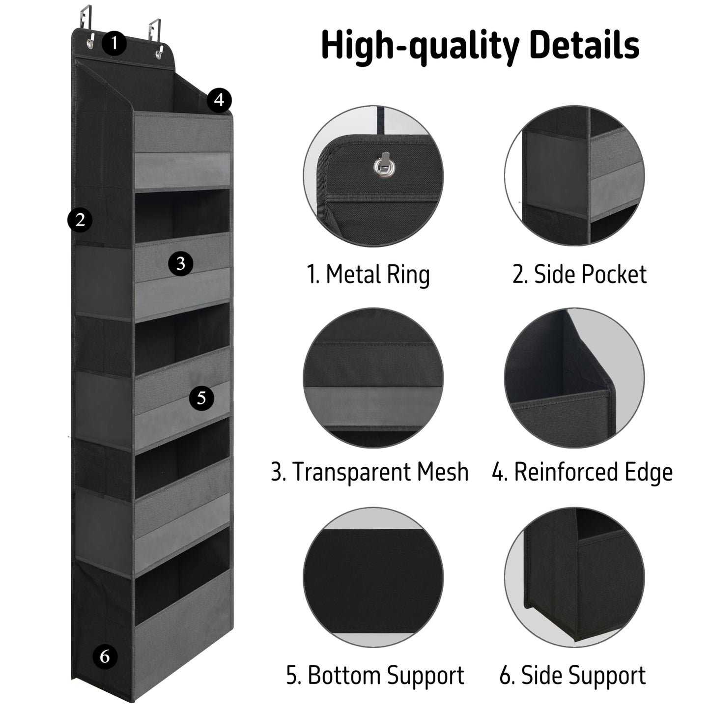 TYMENSH Over Door Organizer with 5 Large Pockets, Heavy Duty Hanging Organizer Storage, Closet Bathroom Nursery Bedroom Dorm, Toys Cosmetics Sundries and Baby Essentials, Black