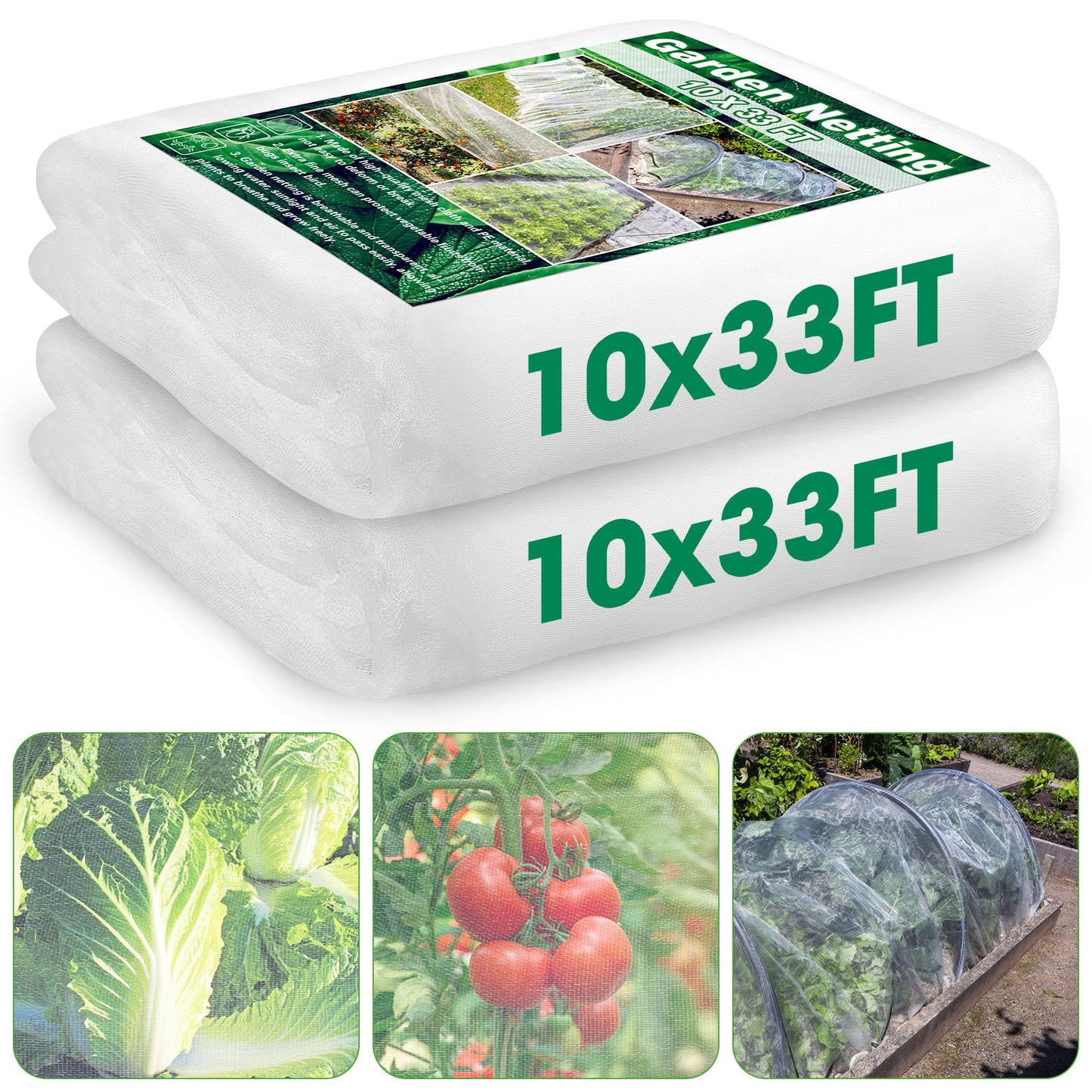 Unves 2 Pack 10 x 33 FT Garden Netting, Mosquito Net Ultra Mesh for Garden Protection Vegetable Fruits, Raised Bed Plant Covers Insect Bird Netting Protect Plants from Birds Bugs