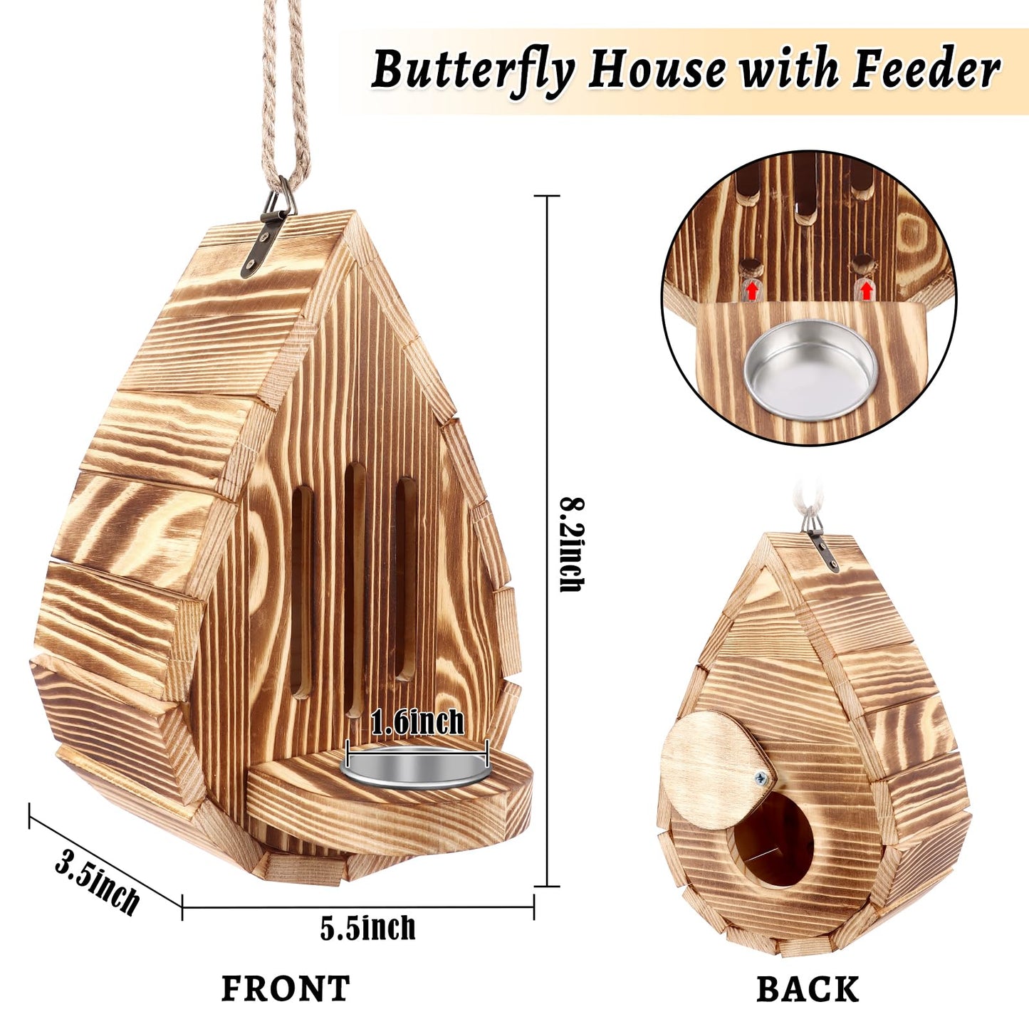 Wooden Butterfly House and Feeder, Hanging Butterfly House for Garden, Natural Butterfly Habitat with Butterfly Puddler for Outside Butterflies, Moths - Backdoor, Easy to Clean