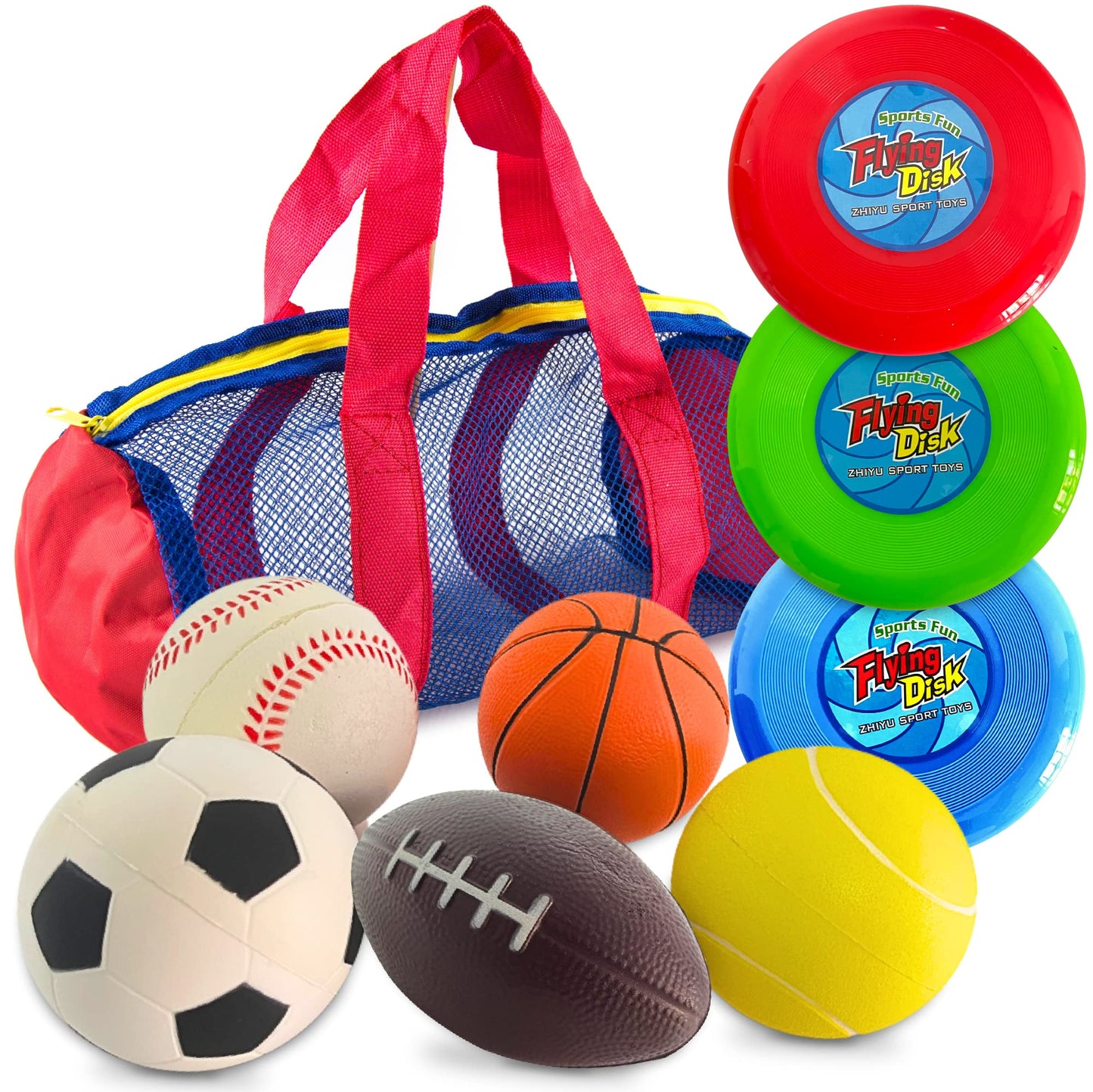 Toysery Foam Kickball Set for Toddler and Baby – Soft Foam Soccer Ball, Football, Basketball, Tennis Ball & More – Easy to Hold, Safe Toddler Ball Set with Carry Bag for Kids Ages 1-3