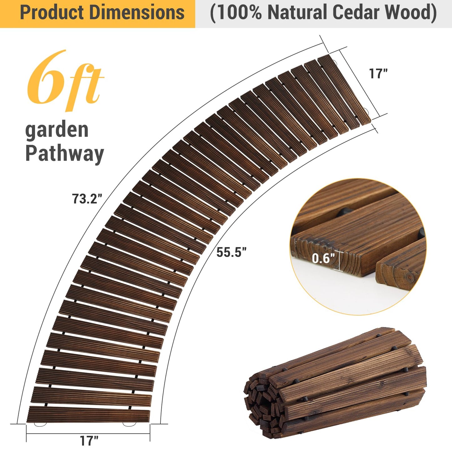 6FT Curved Wooden Garden Pathway Walkway Outdoor Roll Out Decorative Garden Non-Slip Patio Path Decorative Boardwalk Outdoor Road Floor for Backyard Beach Wedding Party