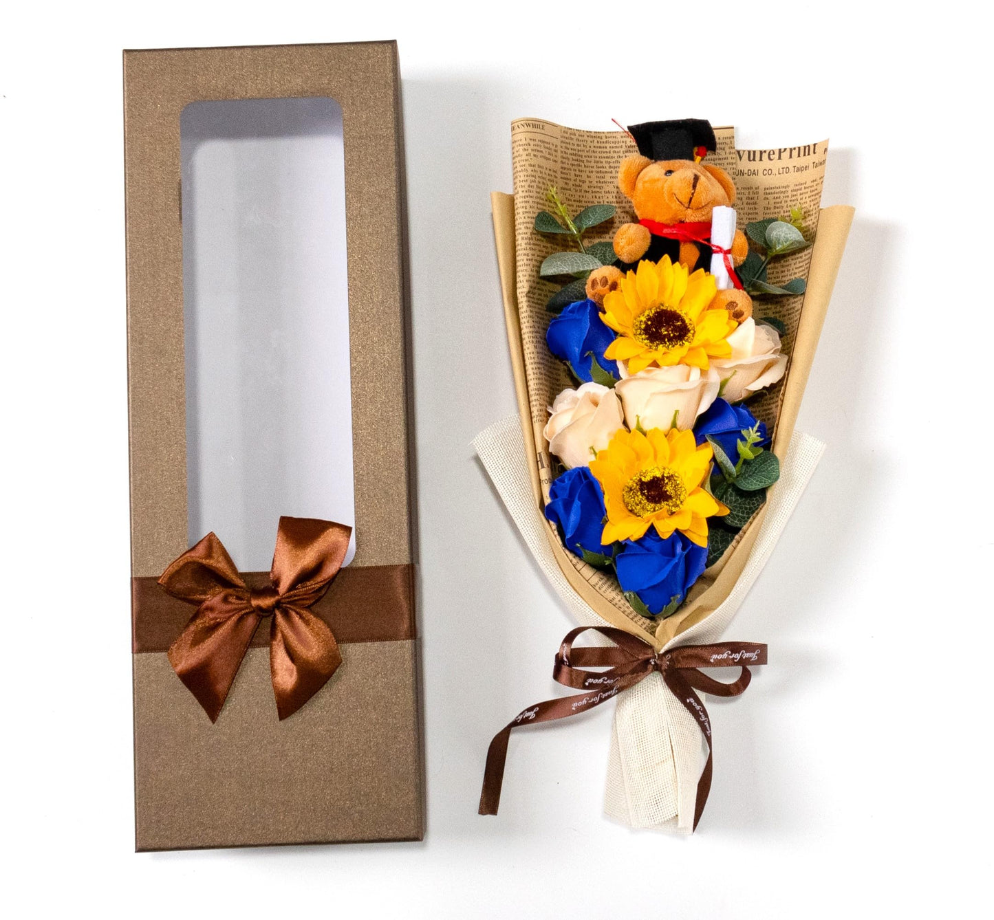 Ansuma 13" Graduation Rose Sunflower Scented Soap Flower Bouquet Mini Plush Graduate Teddy Bear with Grad Cap Floral Arrangements Gift Box for Graduation Party Favors Supplies (Blue)