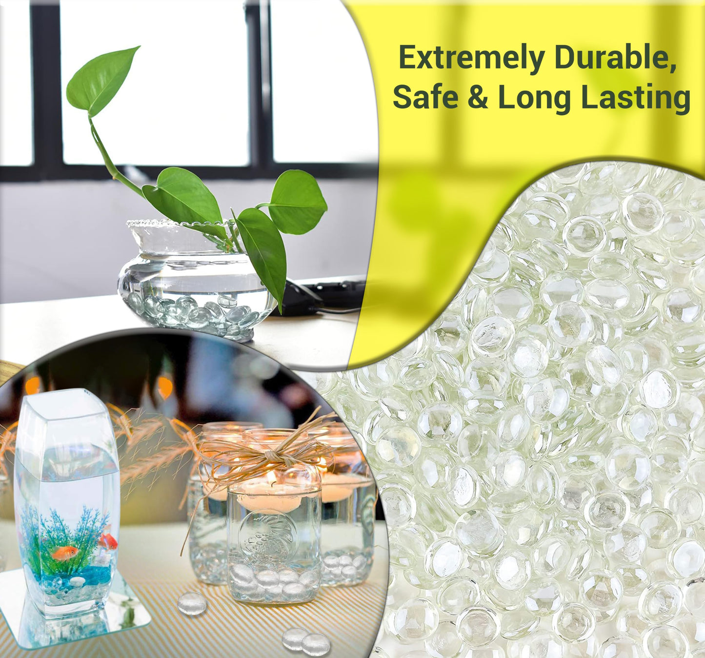 ARSUK Flat Glass Marbles, (2 LBS) Clear Glass Beads for Vases Fillers Decorative Stones, Gems, Fish Tank Rocks, Table Scatter, Glass Pebbles for Vases, Centerpieces Wedding Décor (200pcs,0.7–0.8")