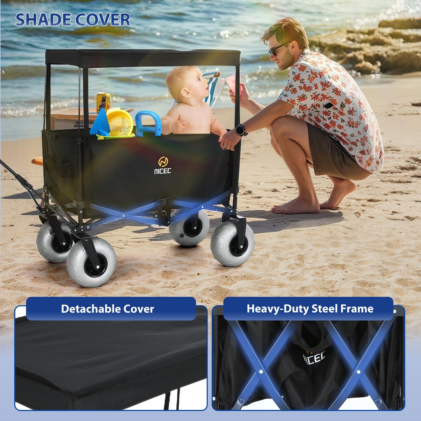 Nice C Beach Wagon with Canopy, Beach Cart with Ballon Wheels for Sand, 9'' Big Sand Wheels, 220 lb Capacity, Adjustable Handle, for Camping, Groceries