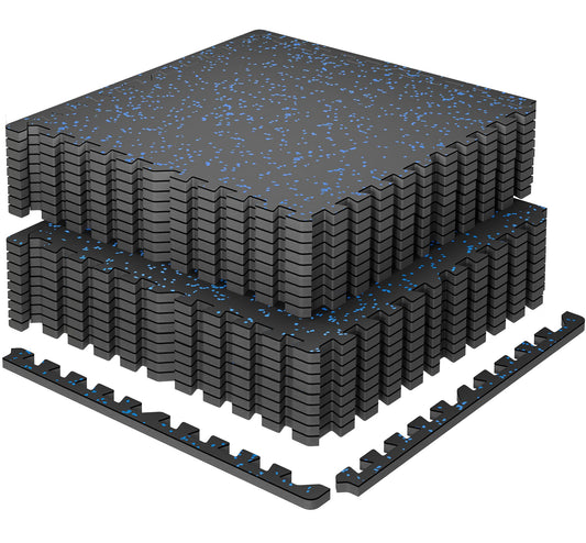 SUPERJARE 0.79'' Extra-Thick Exercise Equipment Mats, 18 Pcs 72 Sq Ft Rubber Top Floor Tiles with High Density EVA Foam, Interlocking Gym Flooring for Home Gym, Workout Mat, Black/Blue