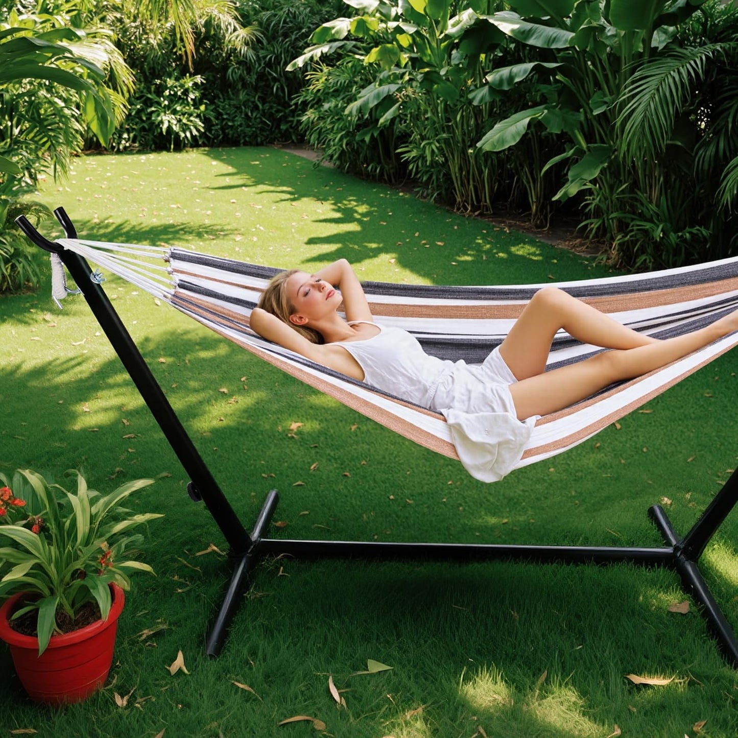 Sweetcrispy Double Hammock with Space Saving Steel Stand Heavy Duty 2 Person Standing Hammocks 450lb Capacity for Outside Garden Yard with Portable Carrying Bag, White