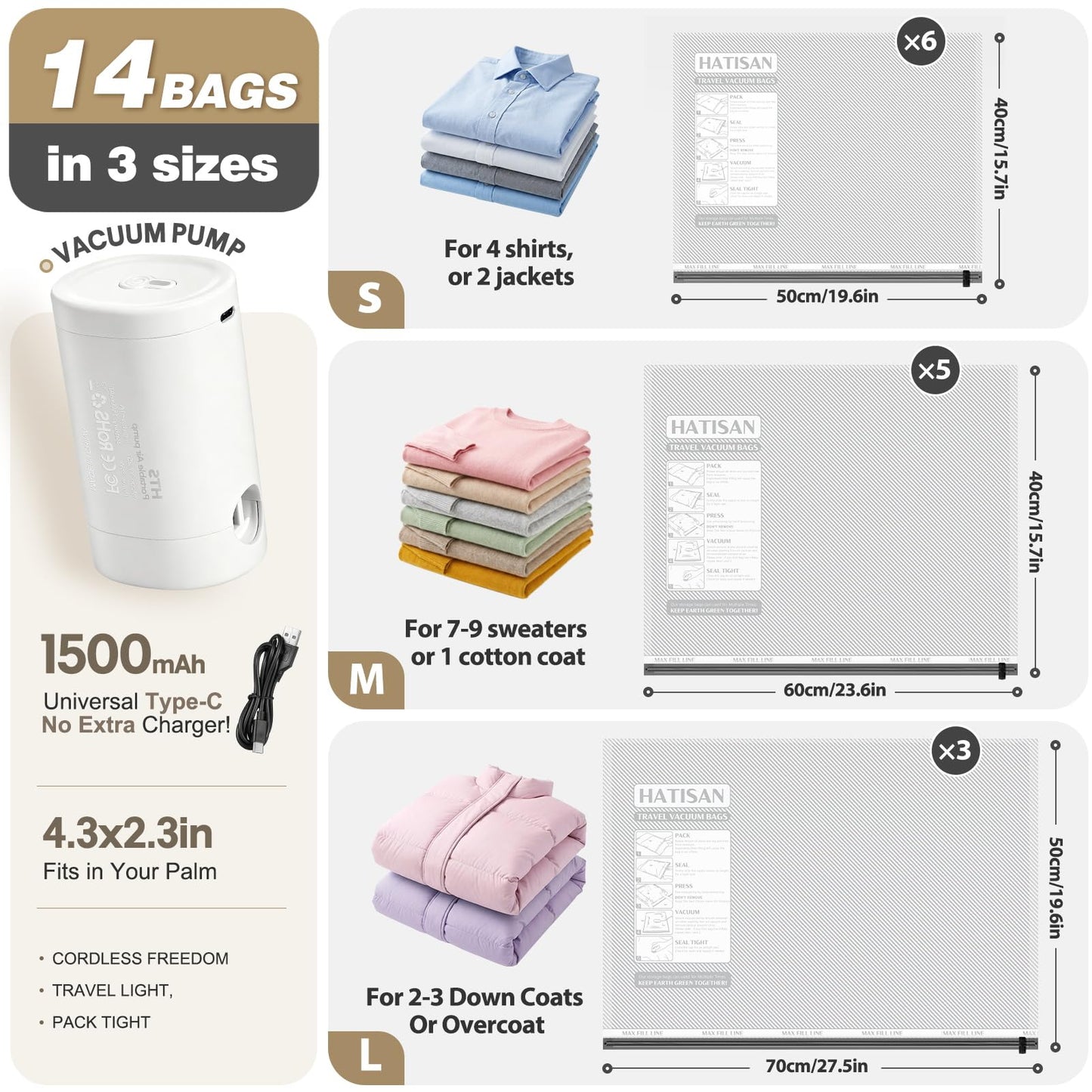 Vacuum Seal Bags for Clothing Travel with Rechargeable Electric Pump, Space Saver Vacuum Storage Bags Travel, Reusable Compression Bags for Luggage Home (14pcs Stripes)