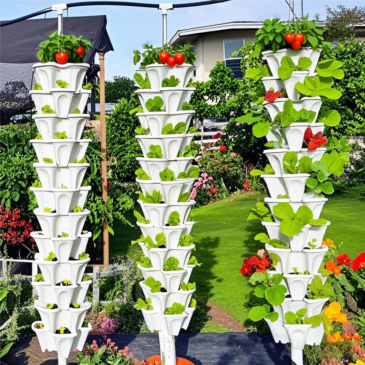 Lykvrii Strawberry Planters, 7 Tiered Vertical Stackable Planter, Herb Stacking Tower Garden, Flower Vegetable Planters with Support Pole, Indoor & Outdoor with Removable Wheels - White