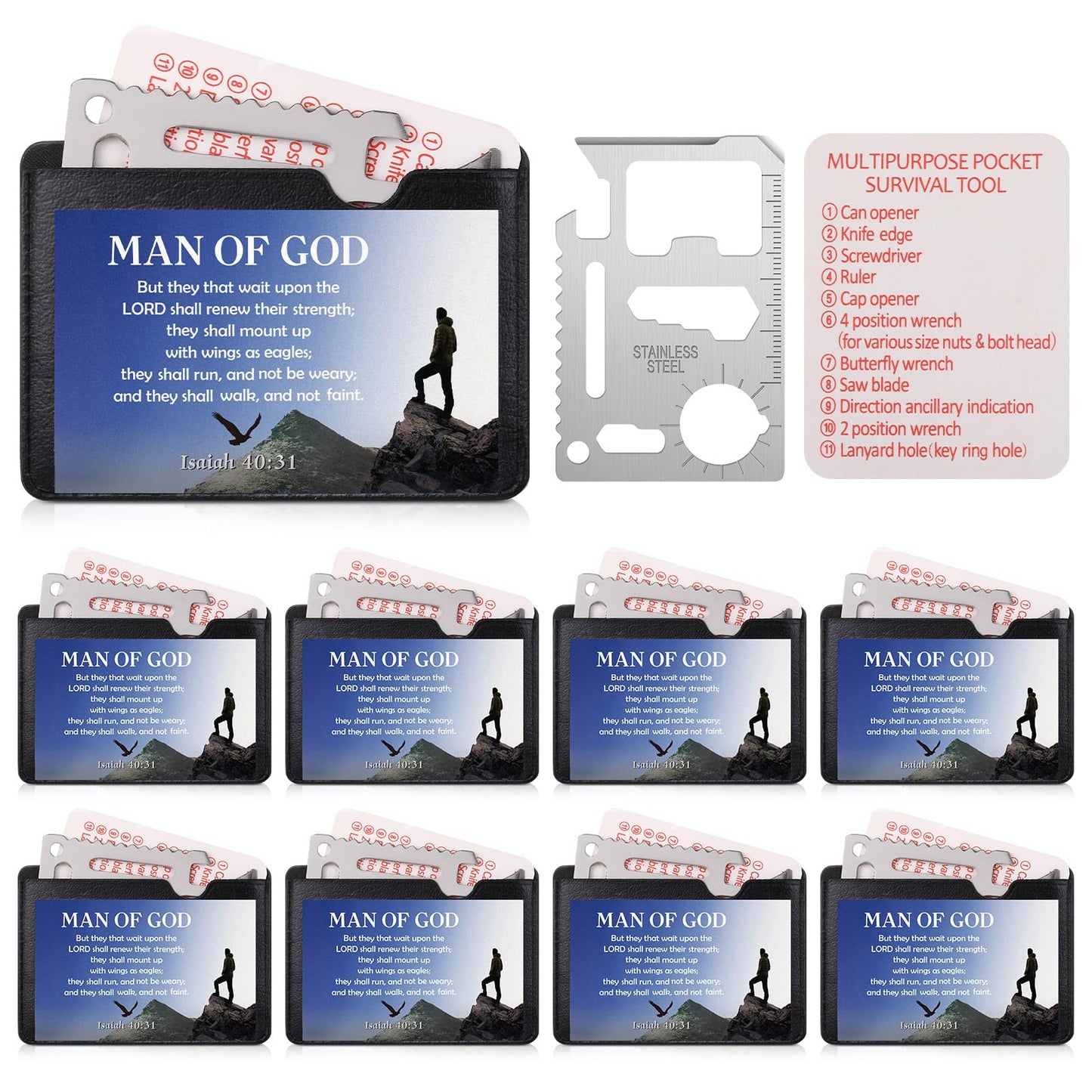 PullCrease 10 Pcs Man of God 11 in 1 Stainless Steel Credit Card Multitool Father's Day Gifts Survival Wallet Tool Bible Verse Ephesians 6: 10-11 Pocket Tool Set for Men Church Prizes Party Favor
