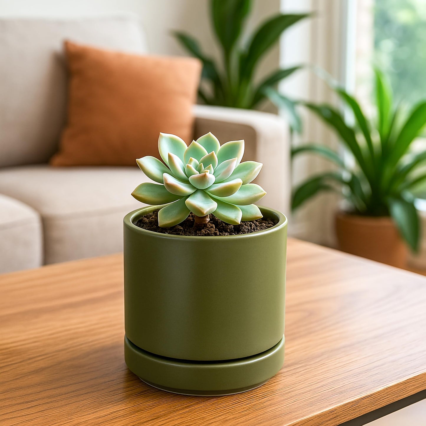 D'vine Dev 4.7 Inch Ceramic Planter Pot with Drainage Hole and Saucer, Indoor Cylinder Round Planter Pot, Olive, 94-O-B-J