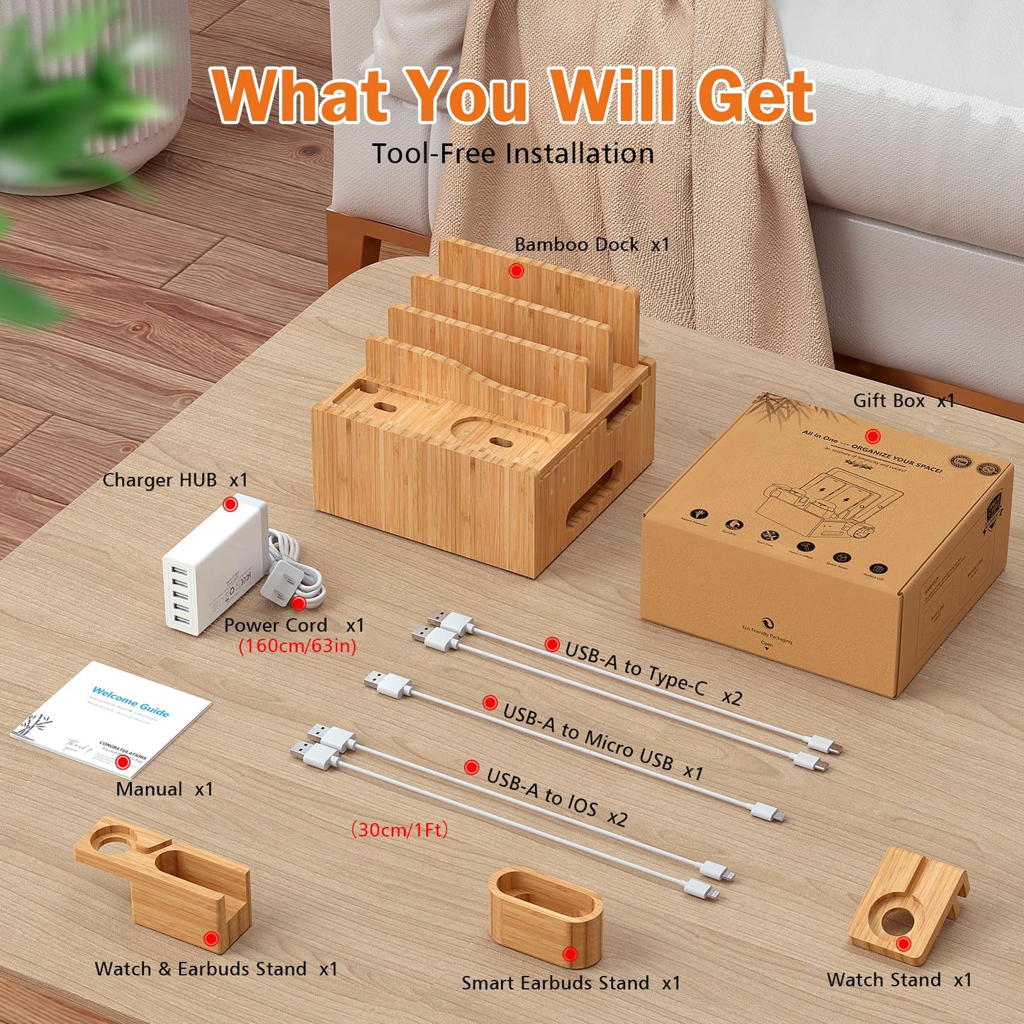 Pezin & Hulin Multiple USB Charging Station, Wooden Bamboo Dock Station for Cell Phones, Tablets, Earpods and Smart Watch, Including Power Charger HUB, 5 Cables -Natural Bamboo