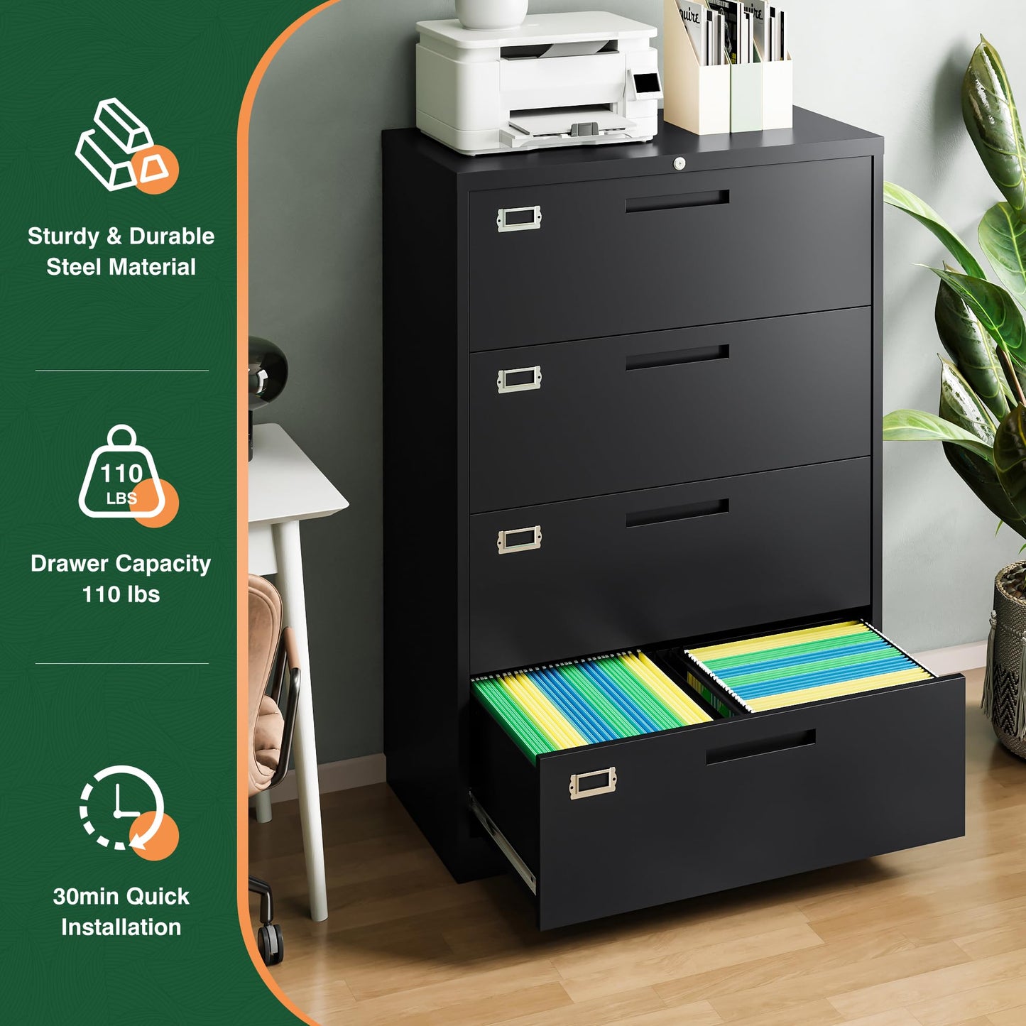 Letaya File Cabinets,4 Drawer Metal Lateral Filing Organization Storage Cabinets with Lock,Home Office for Hanging Files Letter/Legal/F4/A4 Size (Require Assembly)