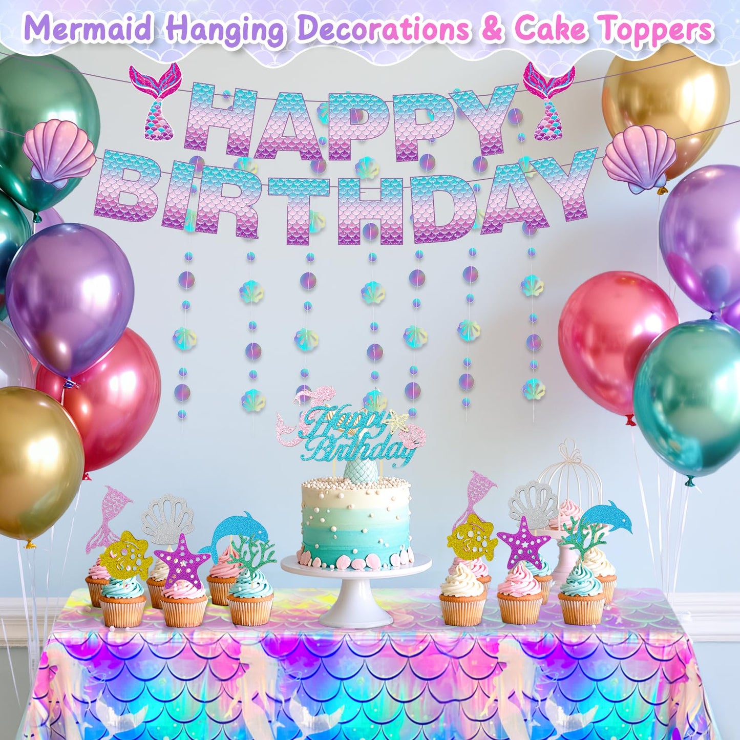 Winrayk Purple Mermaid Party Decorations Birthday Supplies for Girls, Large Foil Balloon with Birthday Banner/ Shell Garland/ Tablecloth/ Metallic Balloon/ Cake Topper, Little Mermaid Party Decoration