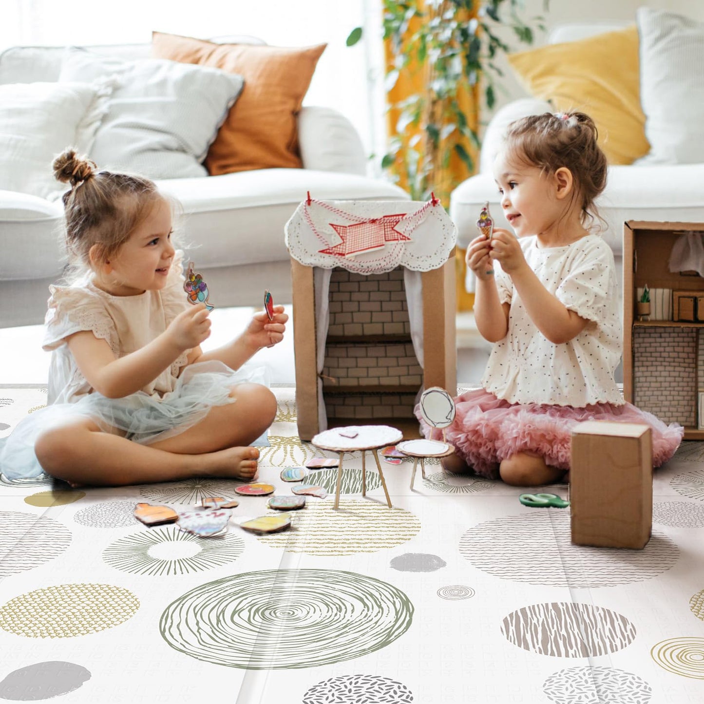 Foldable Baby Play Mat, PIGLOG 50x50 Playpen Mat, Safe Foam Playmat for Tummy Time, Waterproof Playmats for Babies and Toddlers Kids, Reversible Portable Floor Mat for Infant, Circles + Stripes