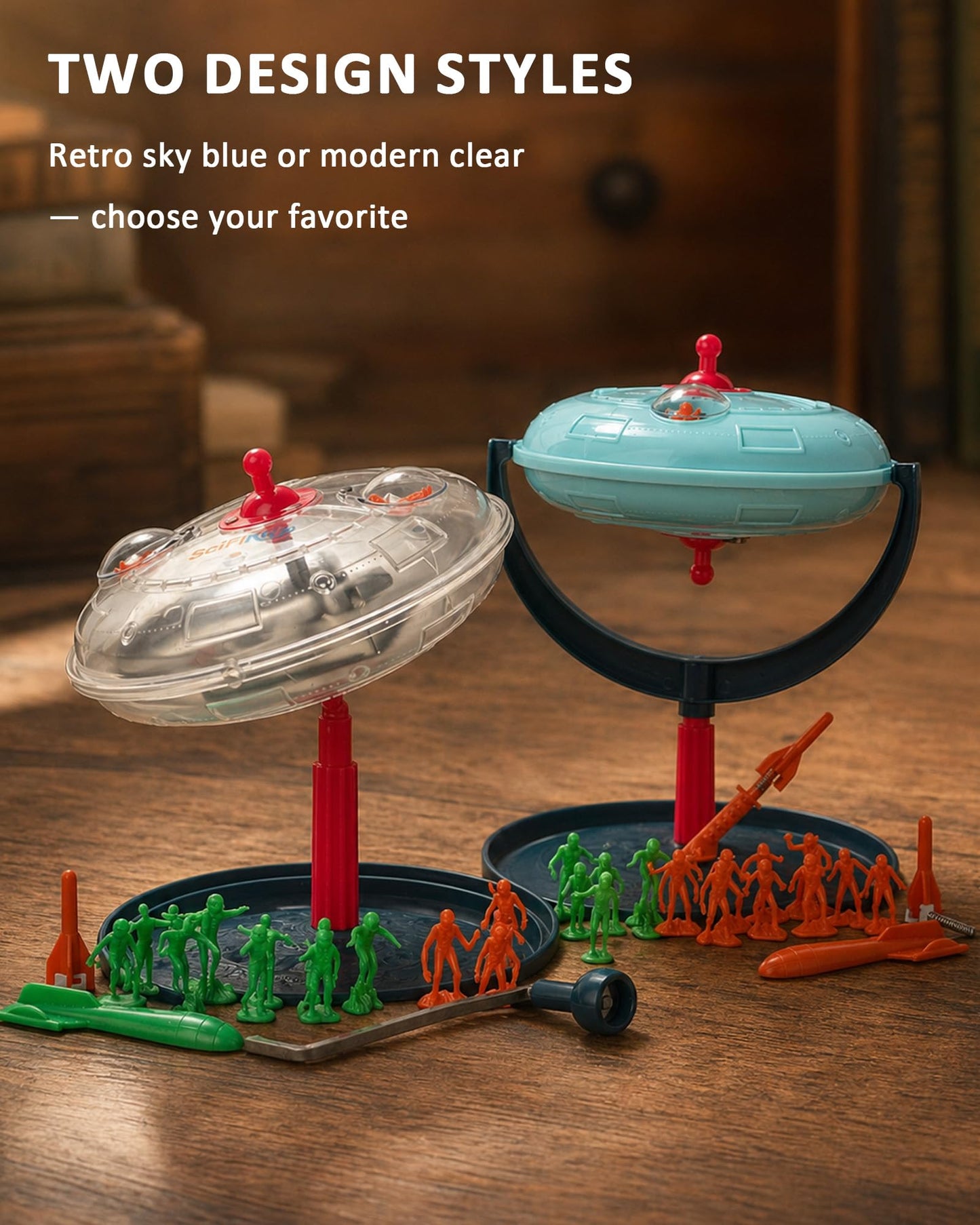 SciFiKids Vintage Wind-Up Toy – 1950s Classic UFO Spinning Gyroscope Spaceship with Aliens & Spring Rocket, Retro Mechanical Flying Saucer Toy for Kids & Collectors