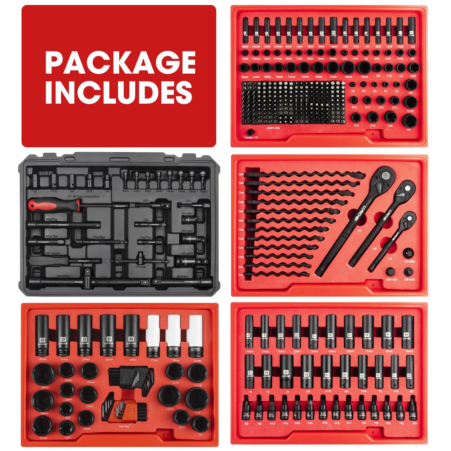 LLNDEI Mechanics Tool Set and Socket Set, 1/4" 3/8" 1/2" Drive Deep and Standard Sockets 12 Point, 390 Pcs SAE and Metric Mechanic Tool Kit with Bits, Combination Wrench