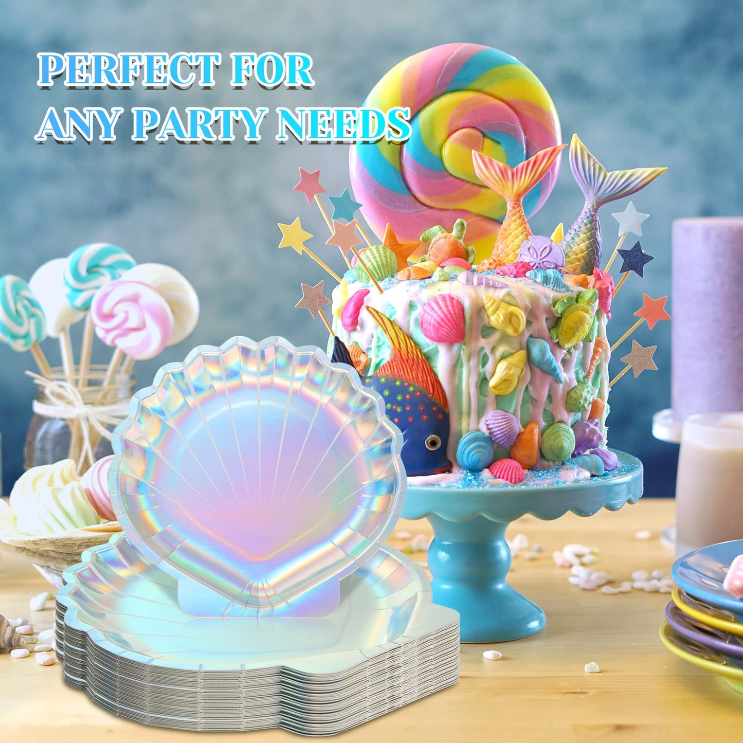 Zopeal 96 Pcs Mermaid Paper Plates Seashell Plates Party Supplies 9 Inch Disposable Iridescent Holographic for Girl Kids Birthday Party Decorations