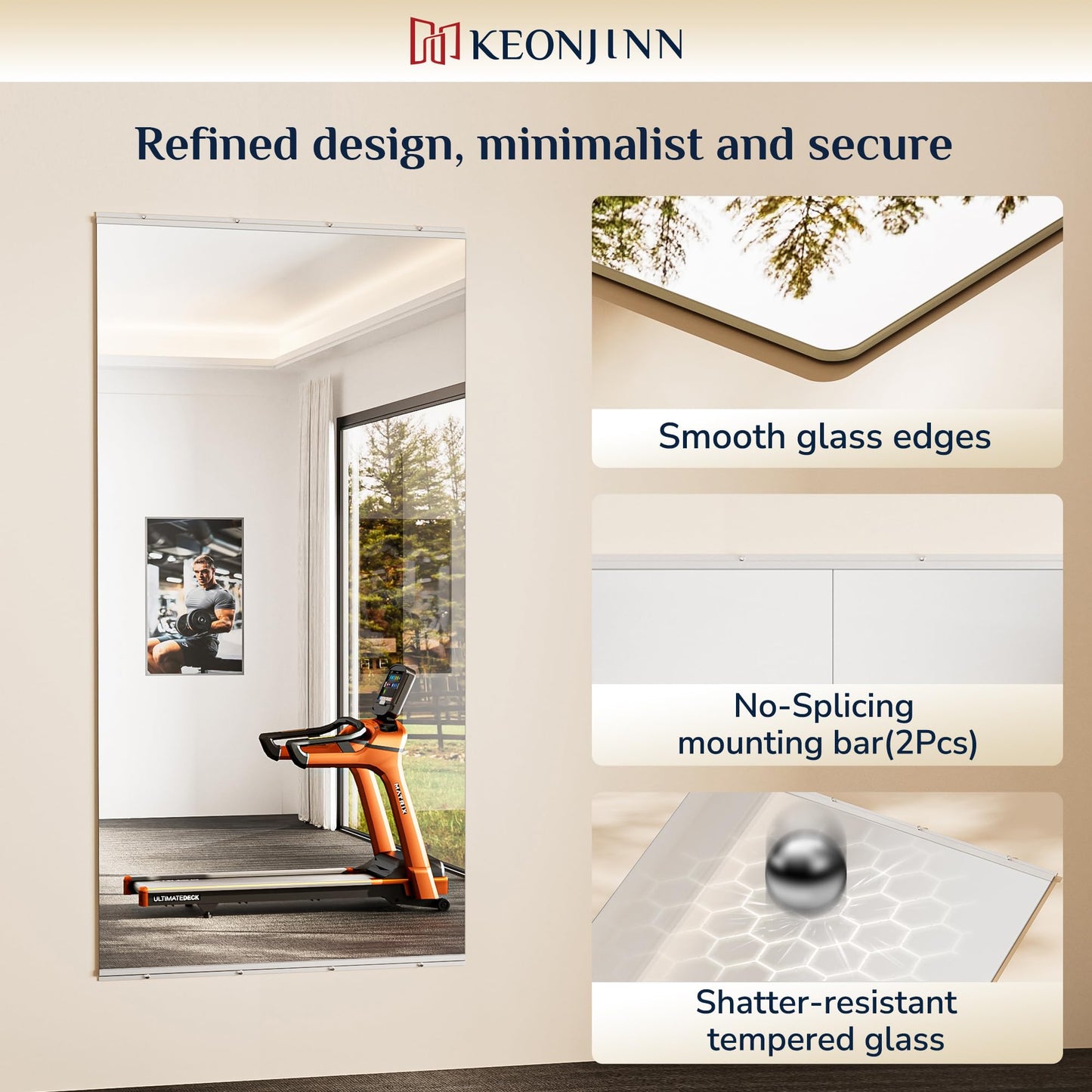 Keonjinn Home Gym Mirror, 60" x 36" Workout Mirrors for Home Gym, Frameless Tempered Glass, Full Body Wall Mirrors for Fitness Exercise, Yoga Room, Dance Studio, Garage