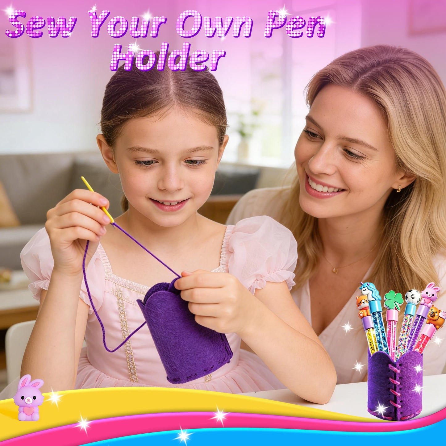 MOMUSE DIY Pen Making Kit, Fun Pen Creator Studio – Make 6 Sparkly Glitter Pens & Stitch Your Own Pen Holder, Creative Craft Toy Sewing Kits for Kids Girls Tweens 6 7 8 9 10 11 12 Birthday Gift