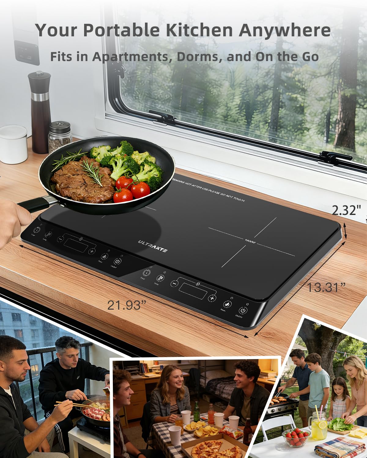 Double Induction Cooktop, ULTRAKTE Portable Dual Countertop Burner with Sensor Touch, 1800W Induction Cooktop 2 Burner, Electric Countertop Cooker with 10 Temp & Power Levels, 8-Hour Timer,Safety Lock