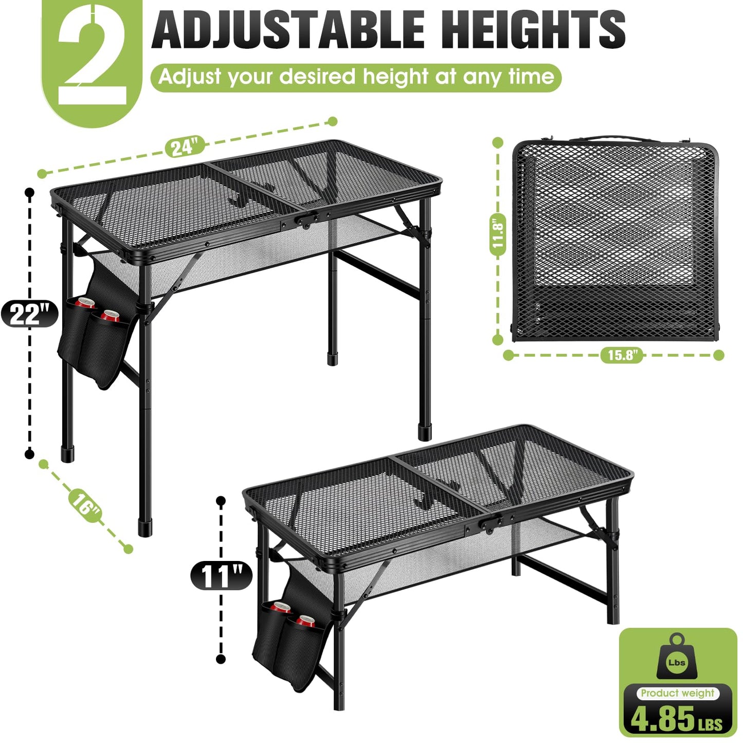 Ciavca Upgraded Folding Grill Table - Metal Portable Camping Table, 2 Height Adjustable Max 22", Lightweight Foldable for Outside BBQ 24"x15.8"