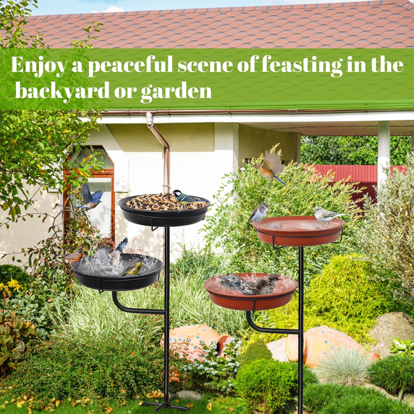 YALINKA Freestanding Birdbaths Bowl Outdoor, Standing Garden Bird Bath Bird Feeder & Bird Bath Bowl, Detachable Decoration Spa Birdfeeder for Garden Patio Yard Lawn, 4 Spiky Metal Stake (Black)