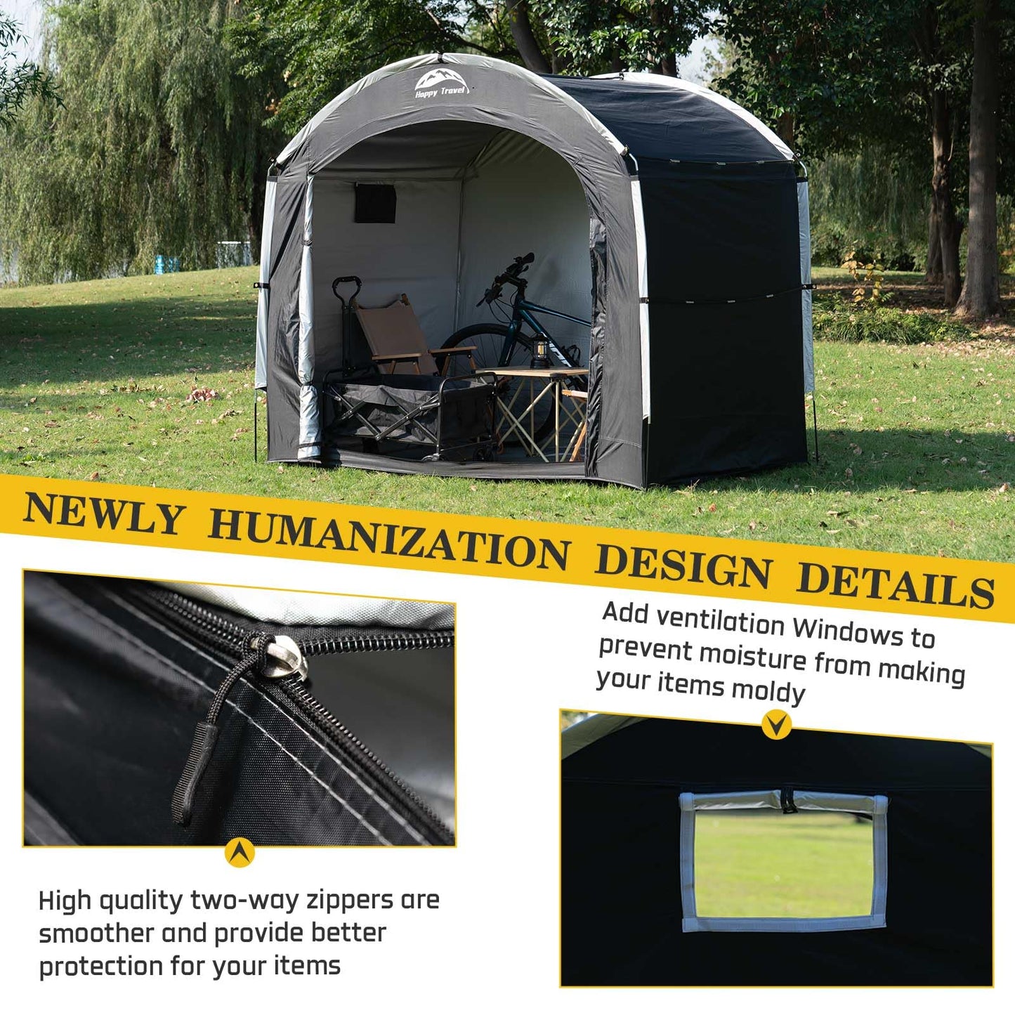 Happy Travel Bike Storage Shed Tent,Outdoor Portable Bicycle Storage Sheds with 210D Oxford Fabric PU4000 Waterproof for 2/3/4/6/8 Bikes,Bike Covers Shelter for Motorcycle,Garden Tools,Toys,Lawn Mower