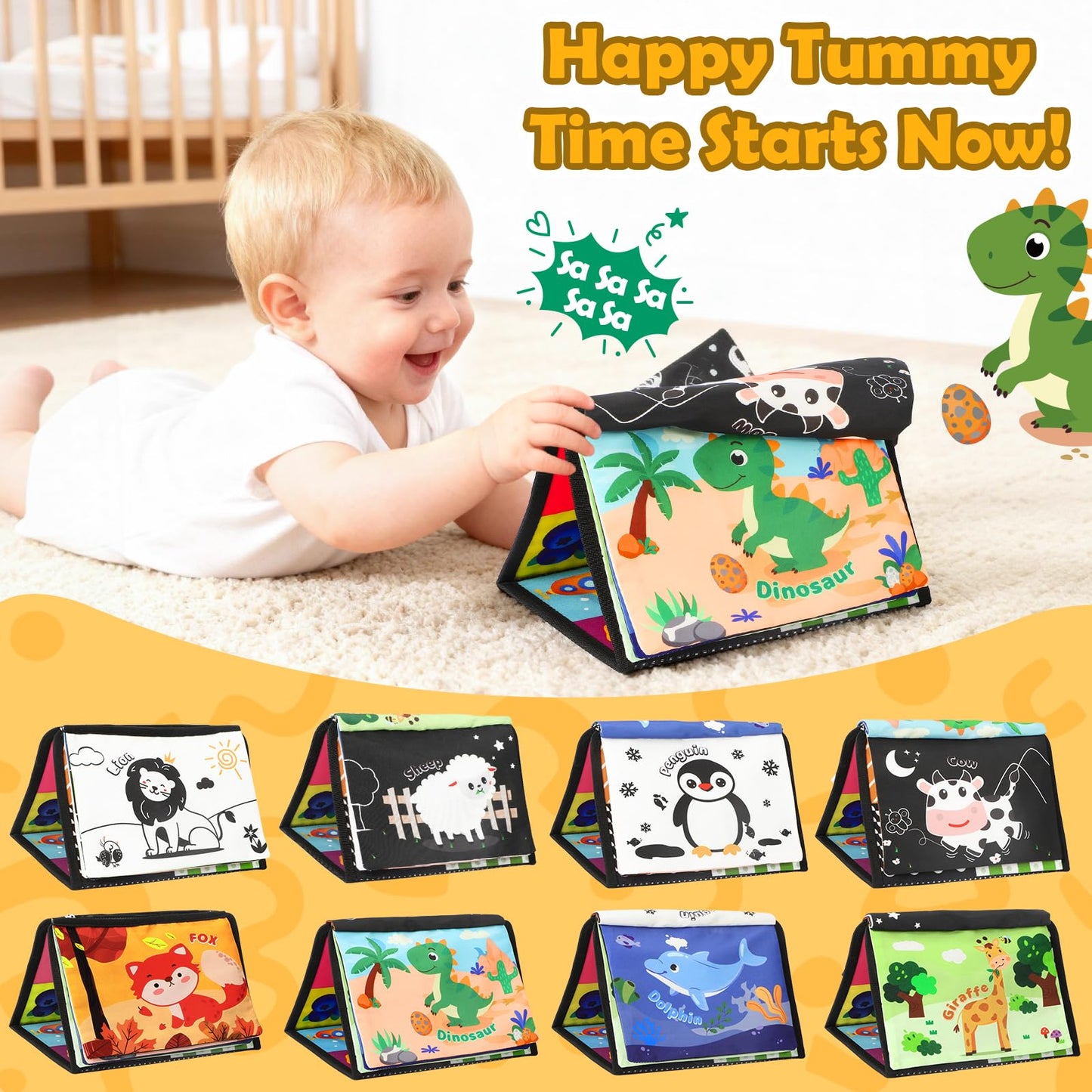 BBWOO Tummy Time Toys, Black and White High Contrast Baby Toys for Newborn, Baby Visual Stimulation Mirror, Montessori Crinkle Book for Infant 0-3-6-12 Months, Boy Girl Shower Gift