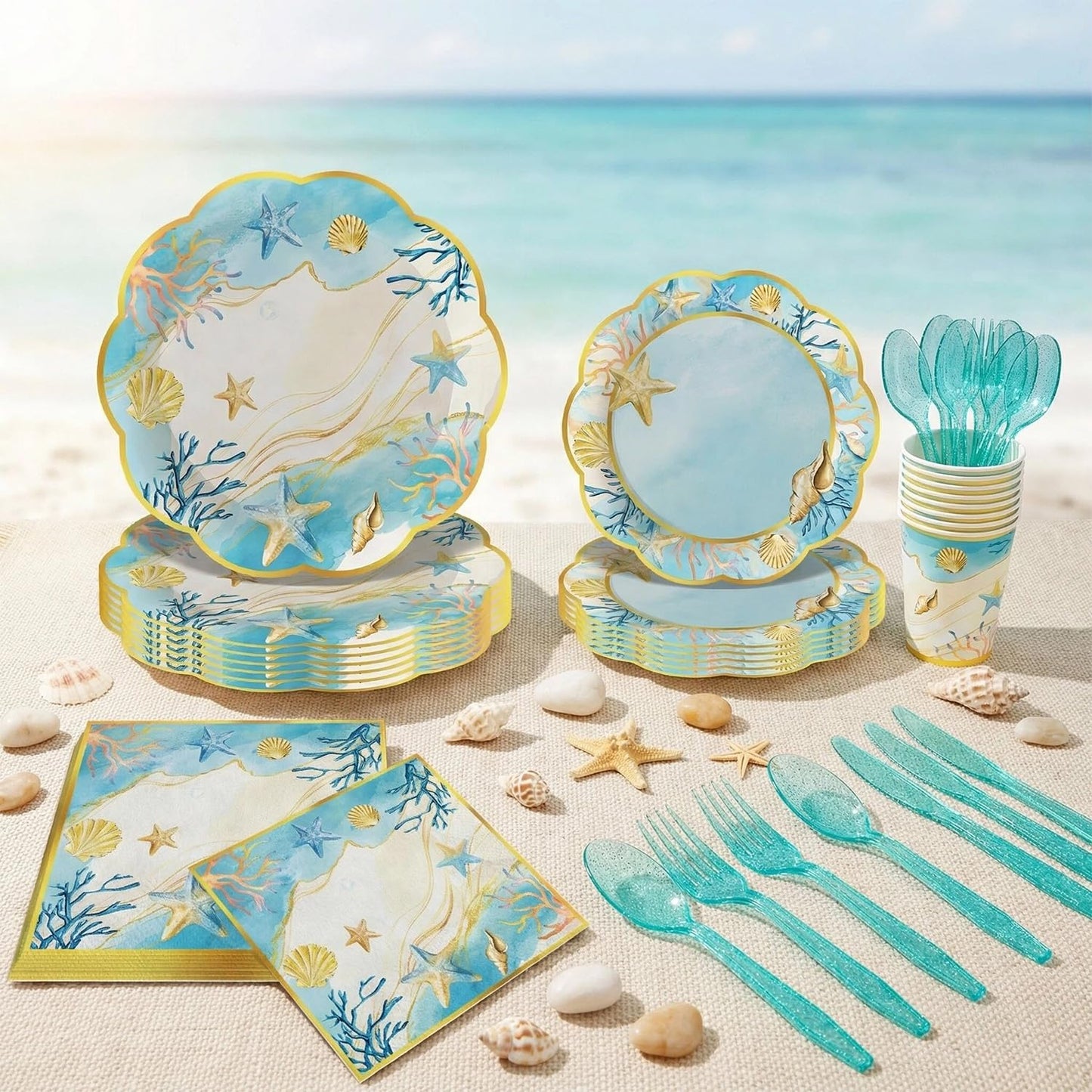 JLCFUTURE 140Pcs Beach Party Decorations Shells Ocean Plates and Napkins Summer Baby Shower Beach Birthday Party Supplies Coastal Paper Plates, Serve for 20 Guest