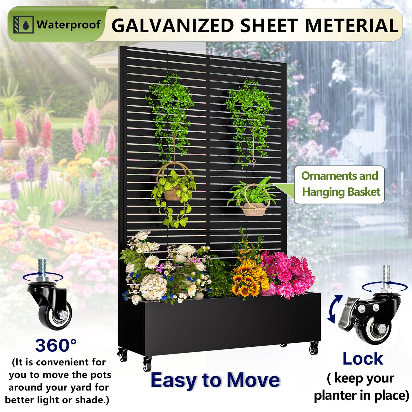 GTSABWAY Metal Planter Box with Trellis,72"x47"x16"Galvanized Steel Outdoor Raised Garden Bed with Privacy Screen,with Drainage Holes & Lockable Casters for Climbing Plants,Vegetables,and Vines(BYC)