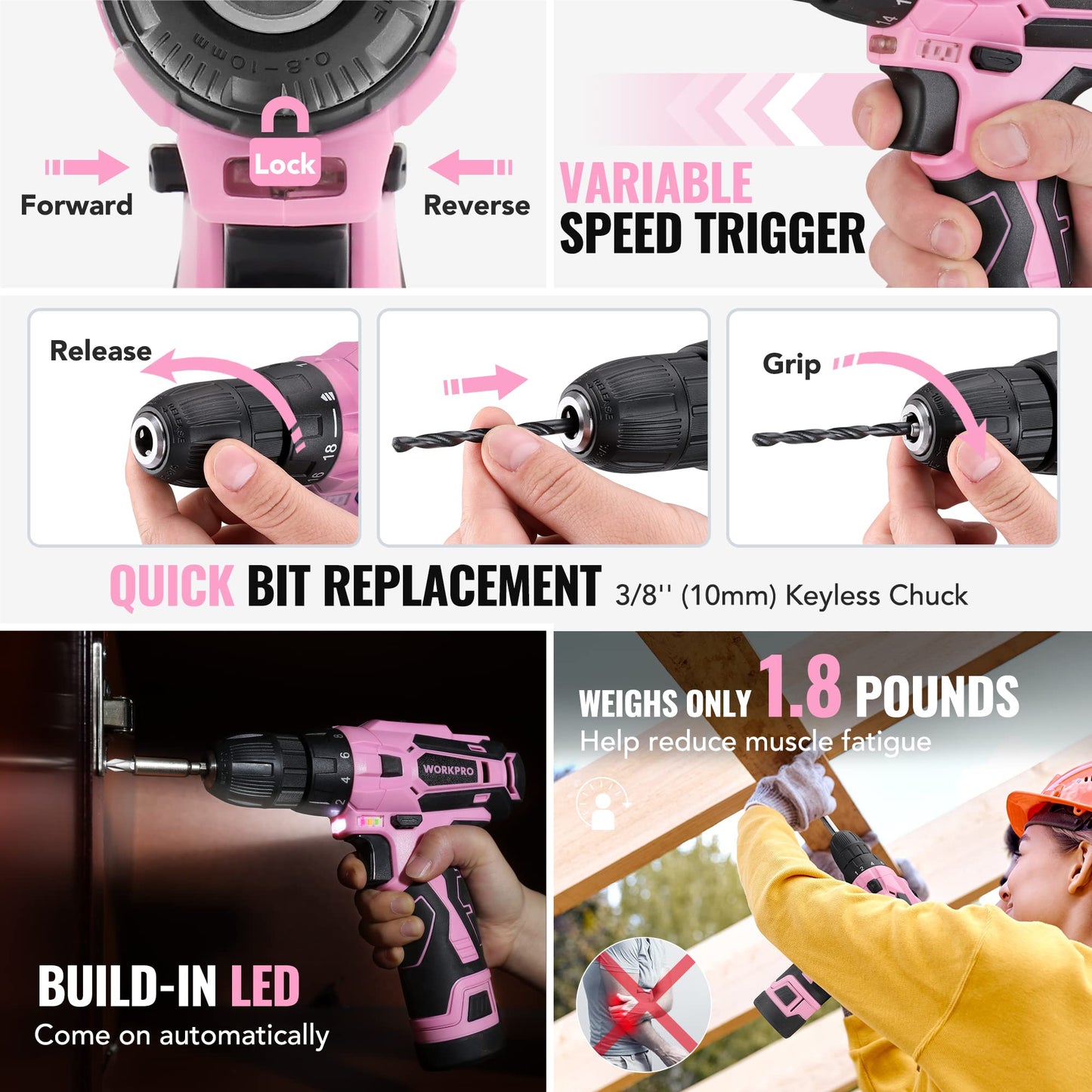 WORKPRO Pink Tool Set with Power Drill, 108PCS Portable Ladies Pink Drill Kit for Home with Toolbox and Pink Hammer, 1.5 Ah Cordless Drills with Keyless Chuck and Variable Speed Trigger - Pink Ribbon