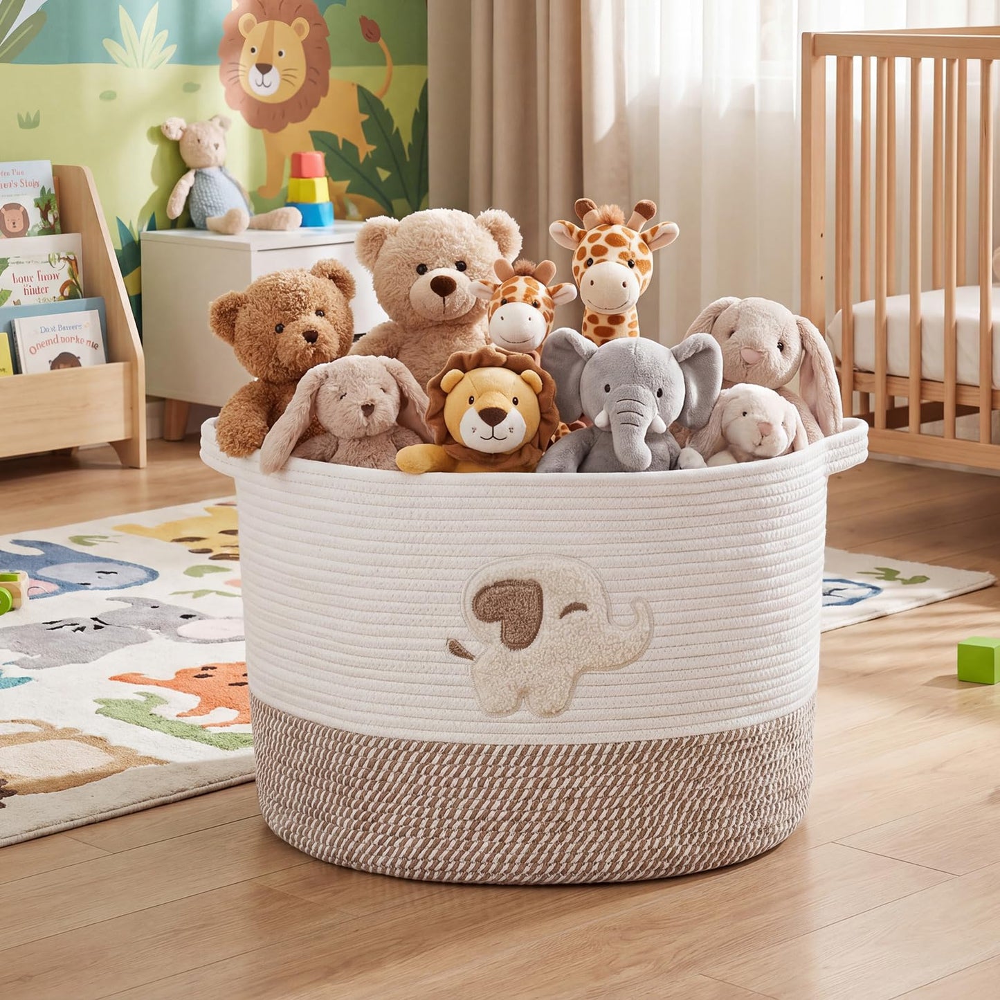 LemonRoad Extra Large Basket 20"x14", Woven Baby Laundry Blanket Basket Toy Box with Handle Storage, Blanket Storage for Living Room Nursery Pillows Chest(Cotton Rope,Elephant,Brown)