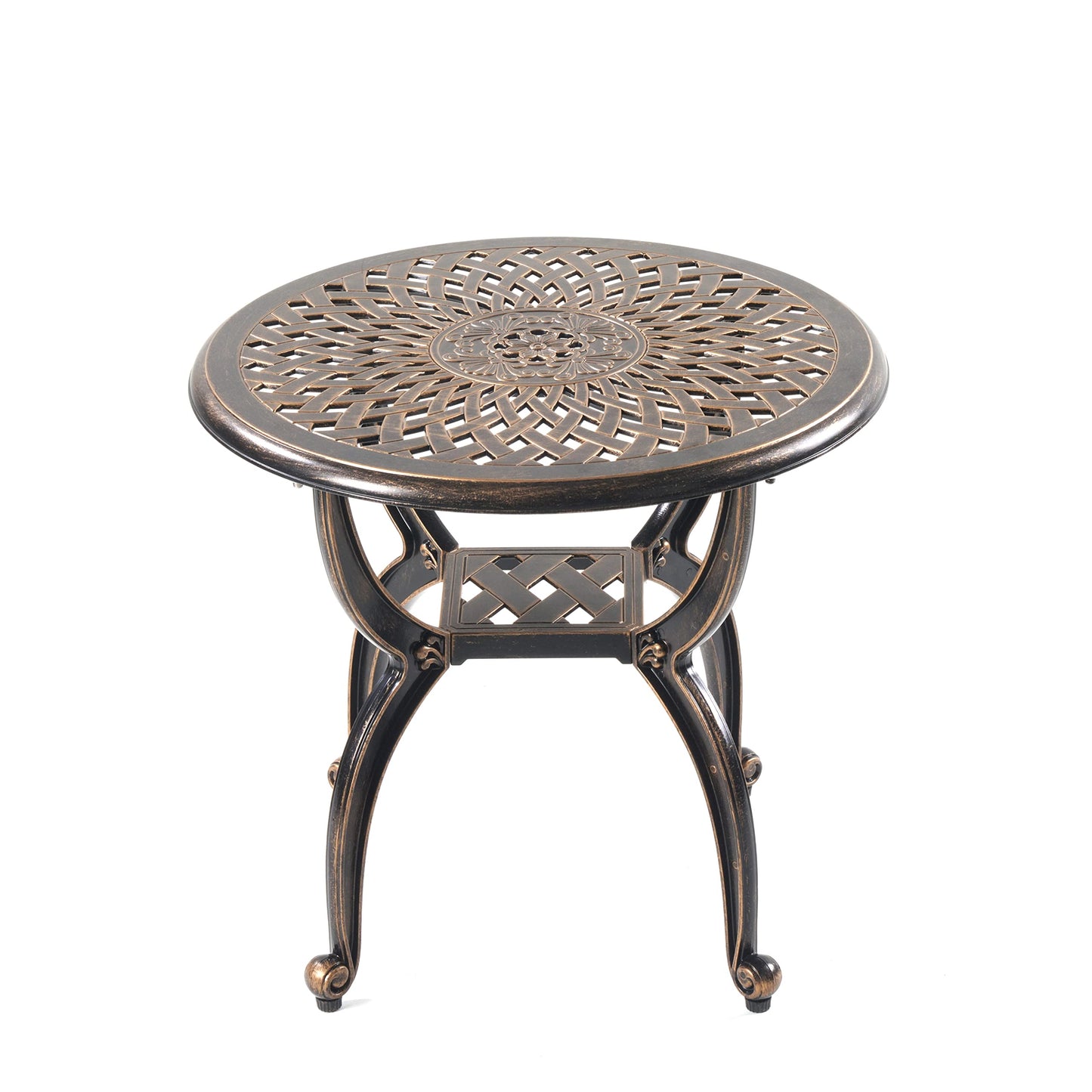 Mandolin Outdoor Patio,Rust -Resistant Cast Aluminum Side Table,Weather Resistant End Table，Coffee Table， Perfect for Patio, Backyard Or Garden. (Aluminum Round, Copper)