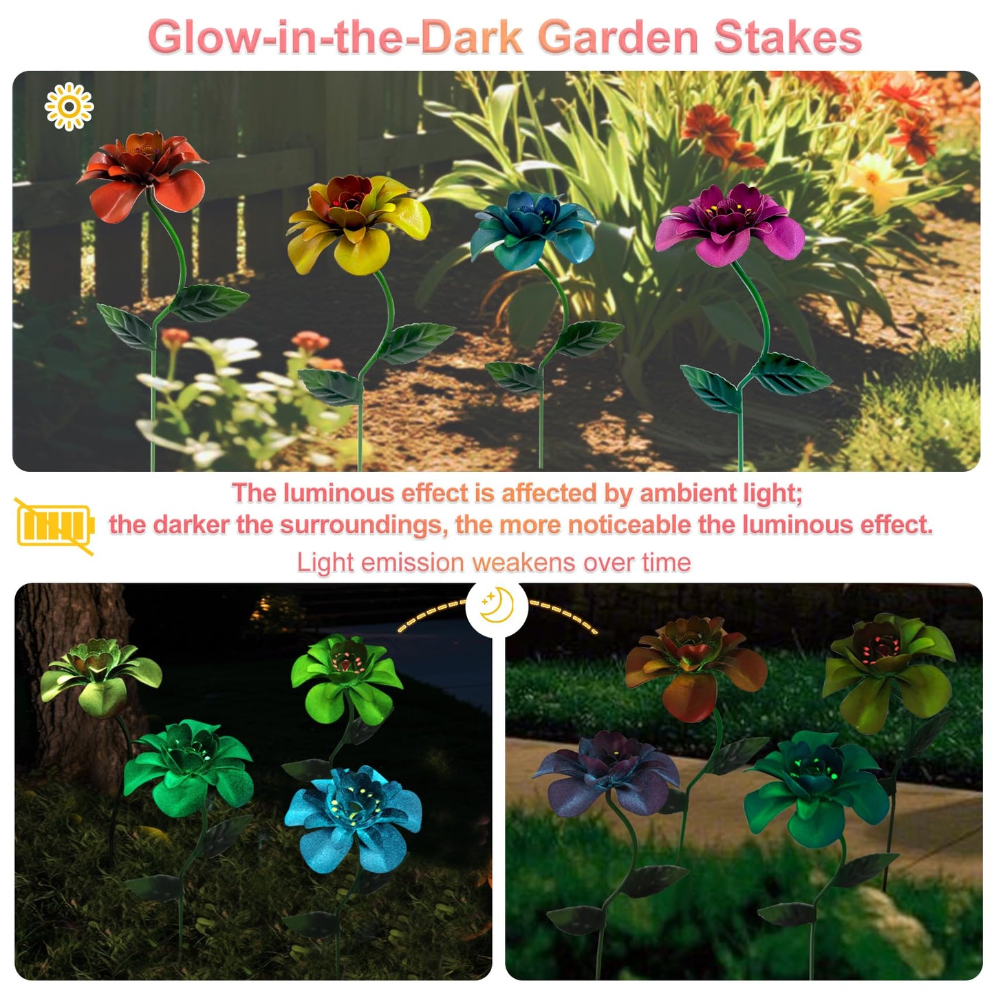 gronhof Glow-in-the-Dark Metal Flower Garden Stakes, 4 Pack Waterproof Outdoor Yard Art, Rust-Resistant Floral Decor for Lawn, Planters, Pathway & Patio, No Battery Needed