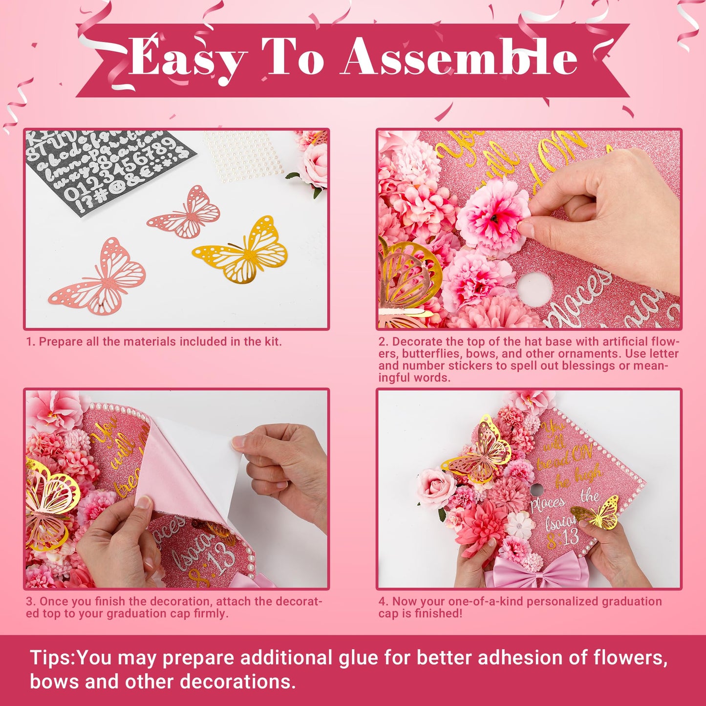 68 Pcs Pink DIY Graduation Cap Decorations Accessory Kit 3D Artificial Flowers Pink White Bows Butterfly Glitter Alphabet Number Pearl Stickers for DIY Hat Grad Cap Topper Graduation Party Supplies
