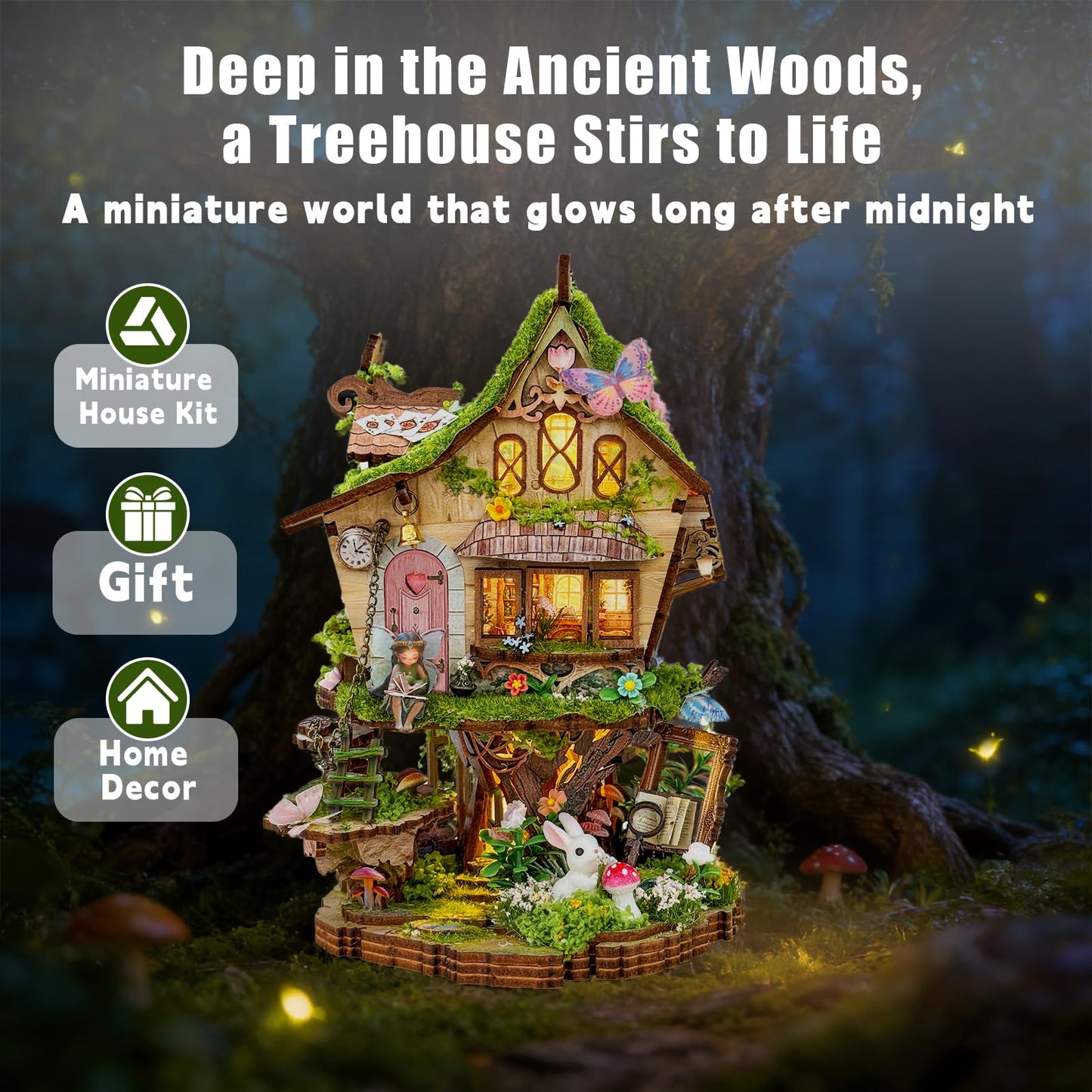 YSWOOD WORLD DIY Miniature House Kit, Mini House Building Kit with LED, DIY Miniature Kit for Adults Teen, Dollhouse Kit, Rowan’s Enchanted Treehouse