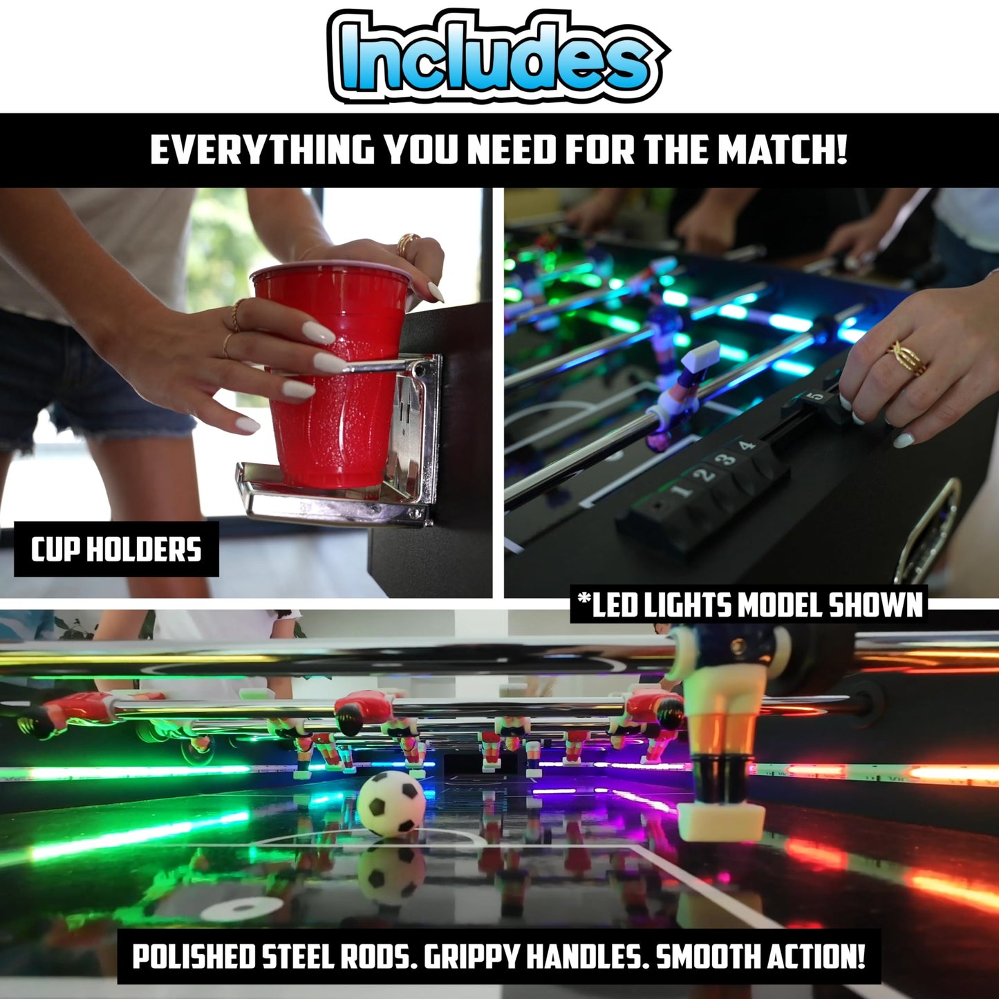 PartyLife 48" Foosball Table w/LED Lights & Folding Steel Legs | Minimal Assembly, Smooth Surface, Very Sturdy - Perfect for Kids and Adults, Game Rooms & Home Arcade!