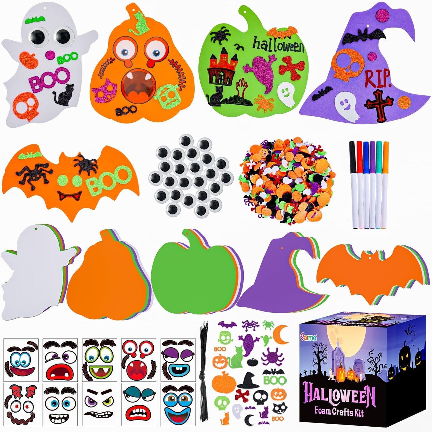 Garma 330PCS Foam Stickers Set, Halloween Crafts for Kids Pumpkin Ghost Spider Bat Witch Hat DIY Craft Kit for Classroom Activities Halloween Decorations Party Favors & Supplies