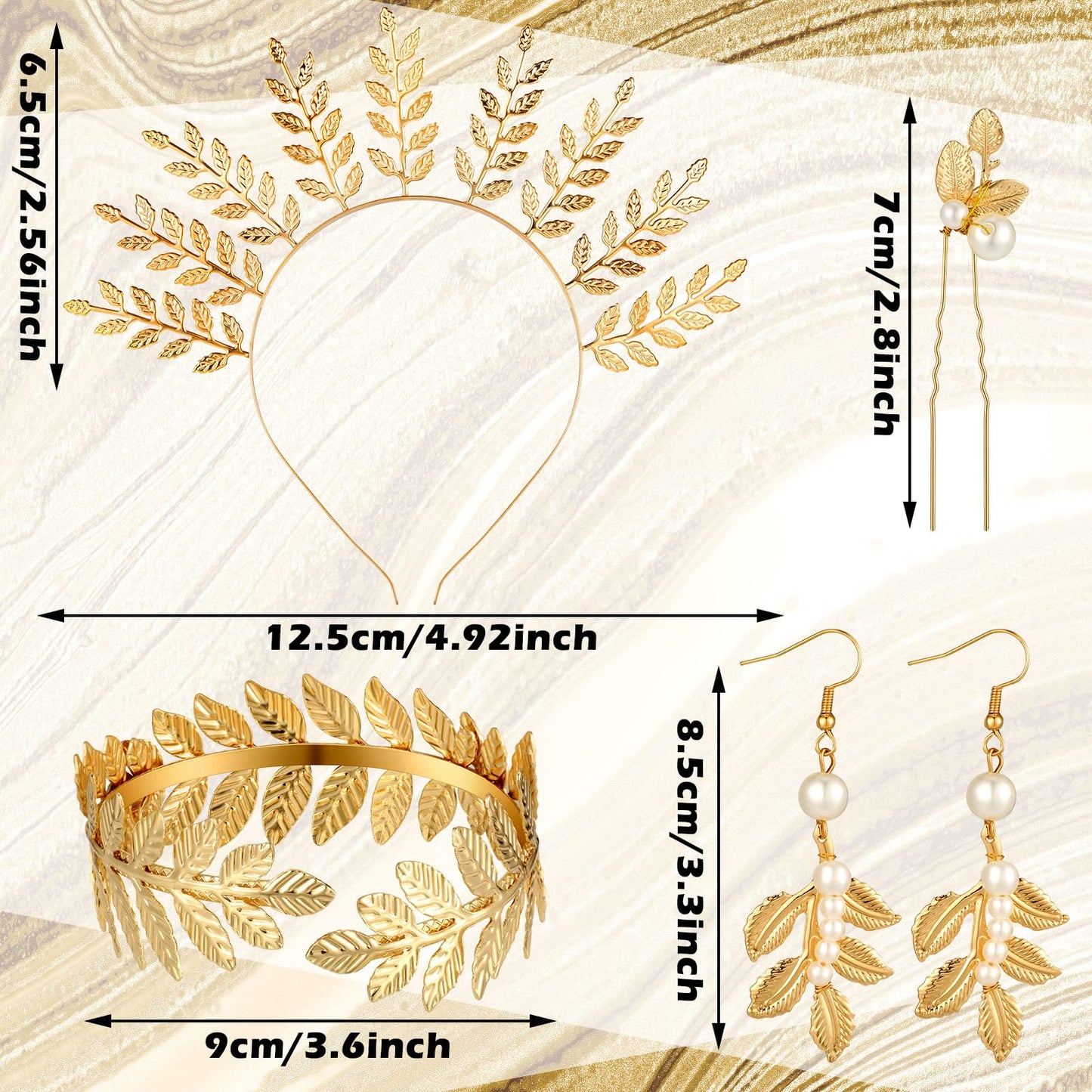 WILLBOND 15 Pieces Greek Goddess Headpiece Toga Accessories Women Golden Leaves Bridal Crown Headband Greek Goddess Wedding Headpiece Hair Accessories Bracelet Earrings Hair Pins(Elegant Style)