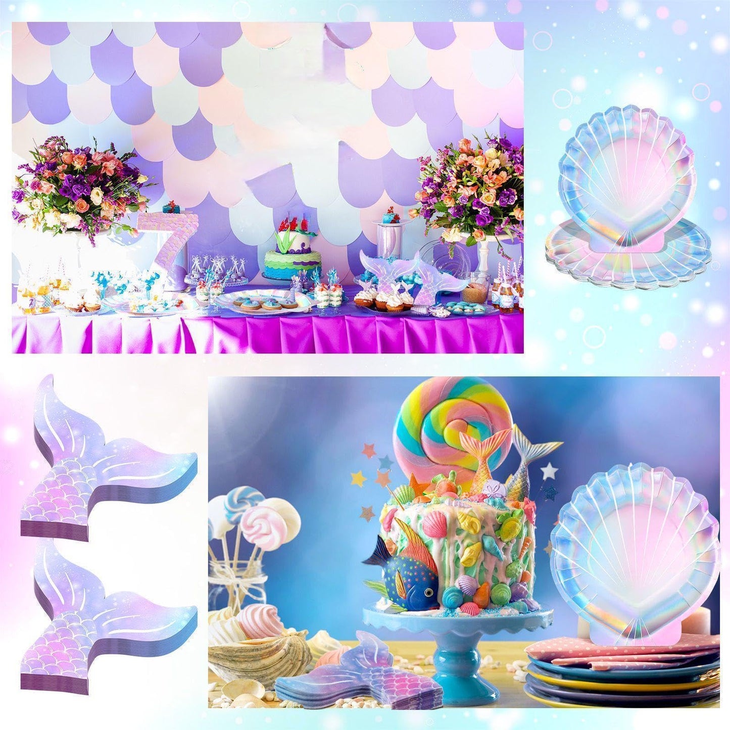 Qeeenar 100 Pcs Iridescent Mermaid Plates and Napkins Party Supplies Seashell Paper Plates Tail Napkins Under The Sea Ocean Party Decorations for Birthday Baby Shower