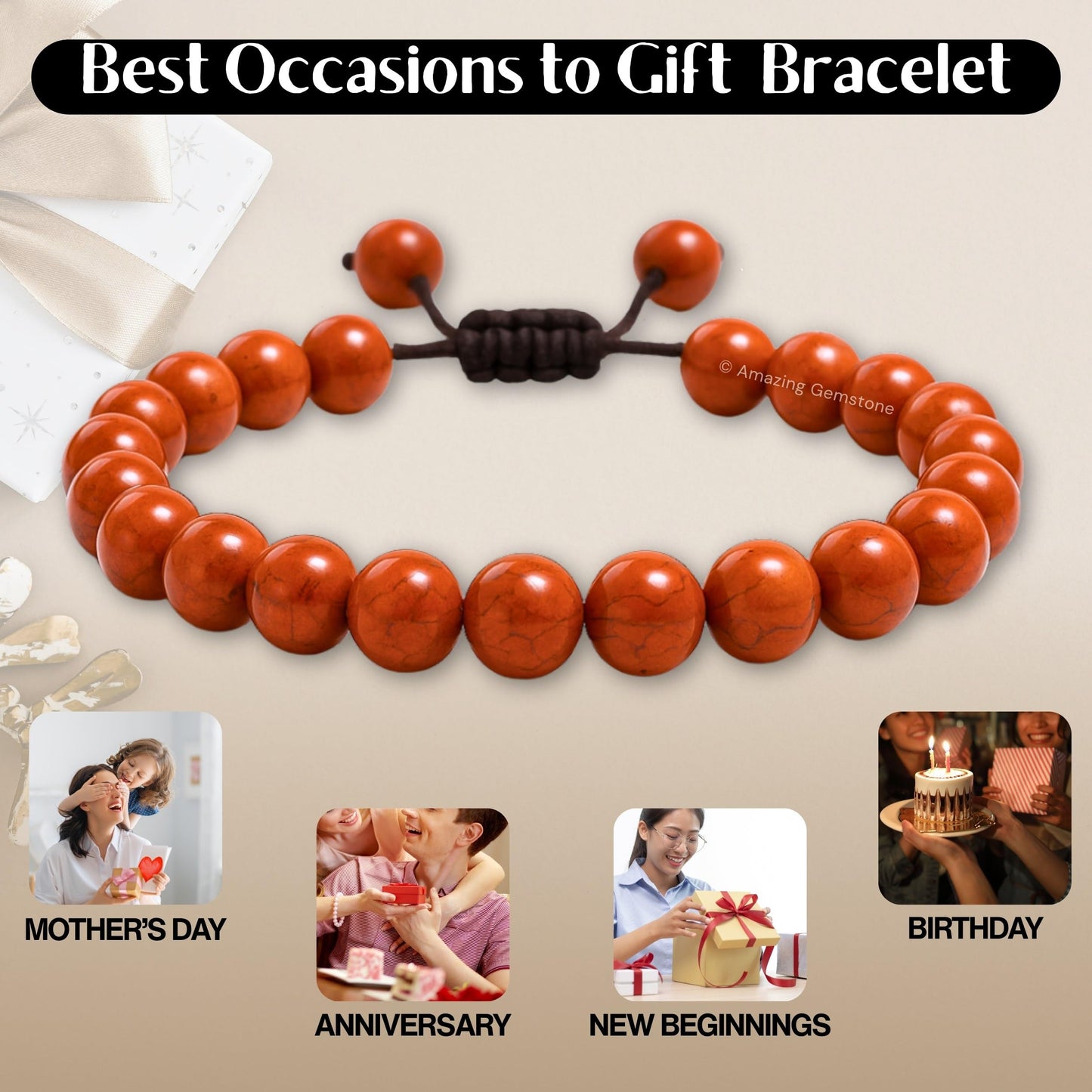 Amazing Gemstone Red Jasper Bracelet, Gifts For Men & Women - Protection Healing Crystal Bracelet - 8mm Gemstone Beaded Adjustable Bracelet, Pulseras Para Hombres Mujer Stocking Stuffers