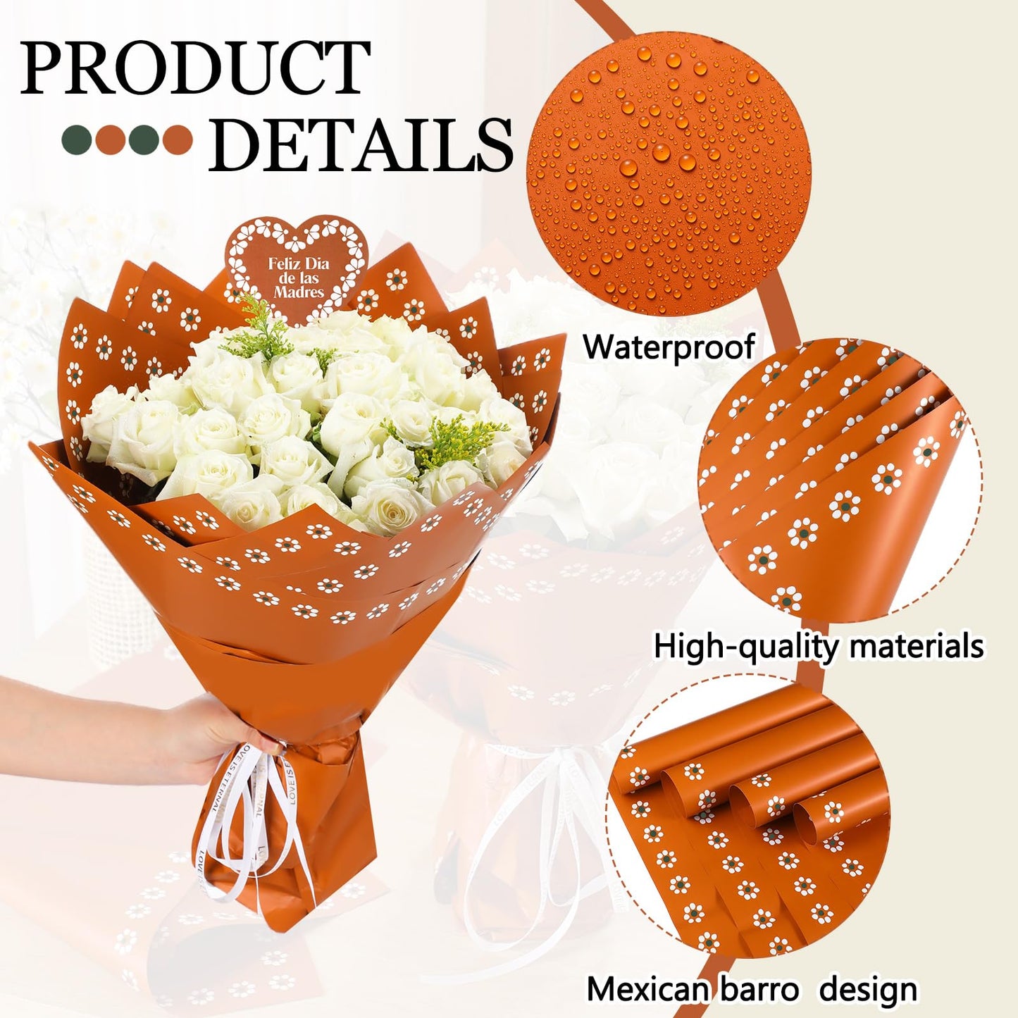Fullhawl 20 Sheet Mexican Flower Wrapping Paper and 10 Pcs Feliz Dia De La Madre Cake Toppers Waterproof De Barro Brown White Floral Bouquet Wrap for DIY Gift Packaging Florist Supplies