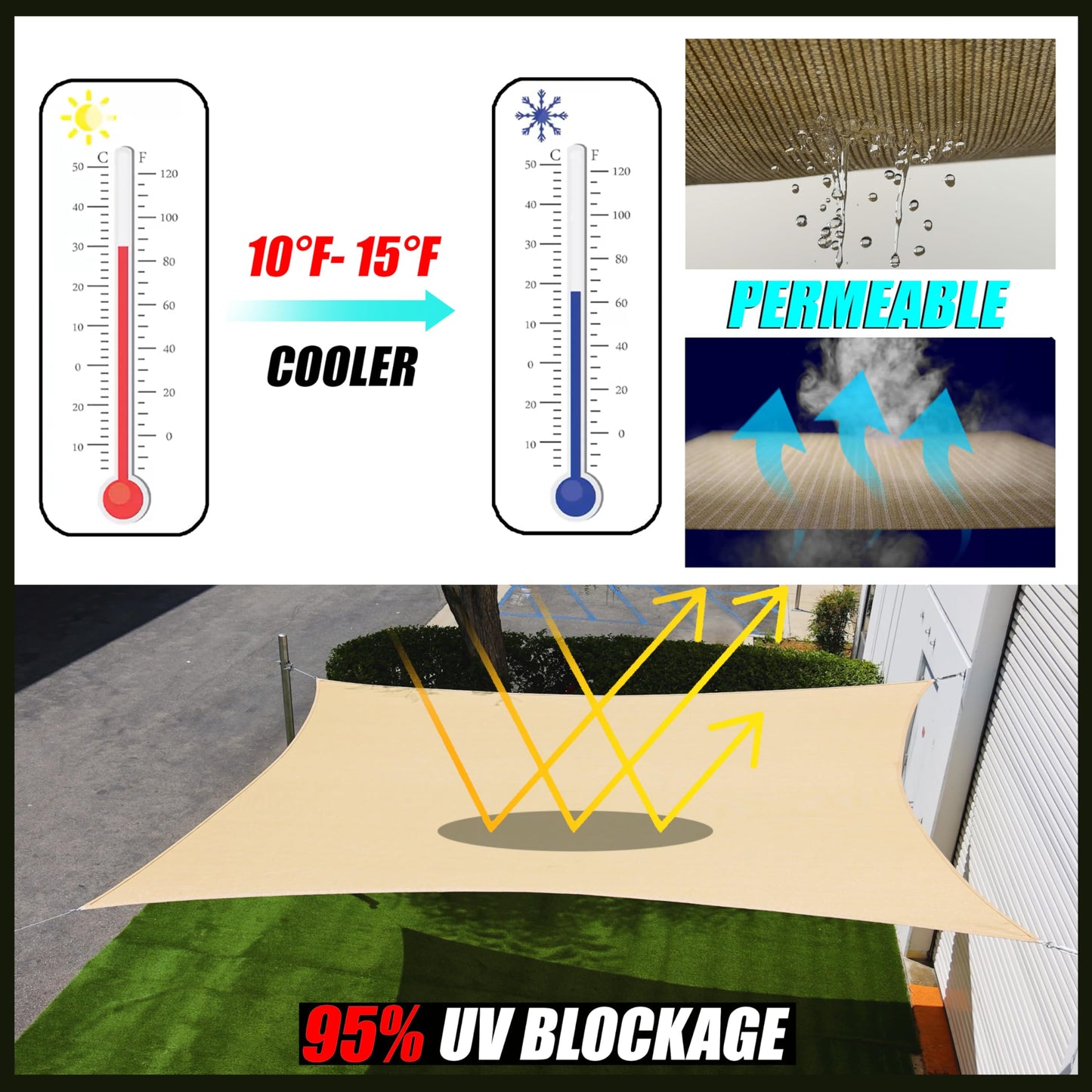 Royal Shade Beige 12' x 16' Sun Shade Sail Rectangle RSTAPRN1216-200GSM - Pergola Shade Sails Canopy for Patio - Canopy Mesh Fabric UV Block - Commercial Heavy Duty (We Make Custom Sizes)