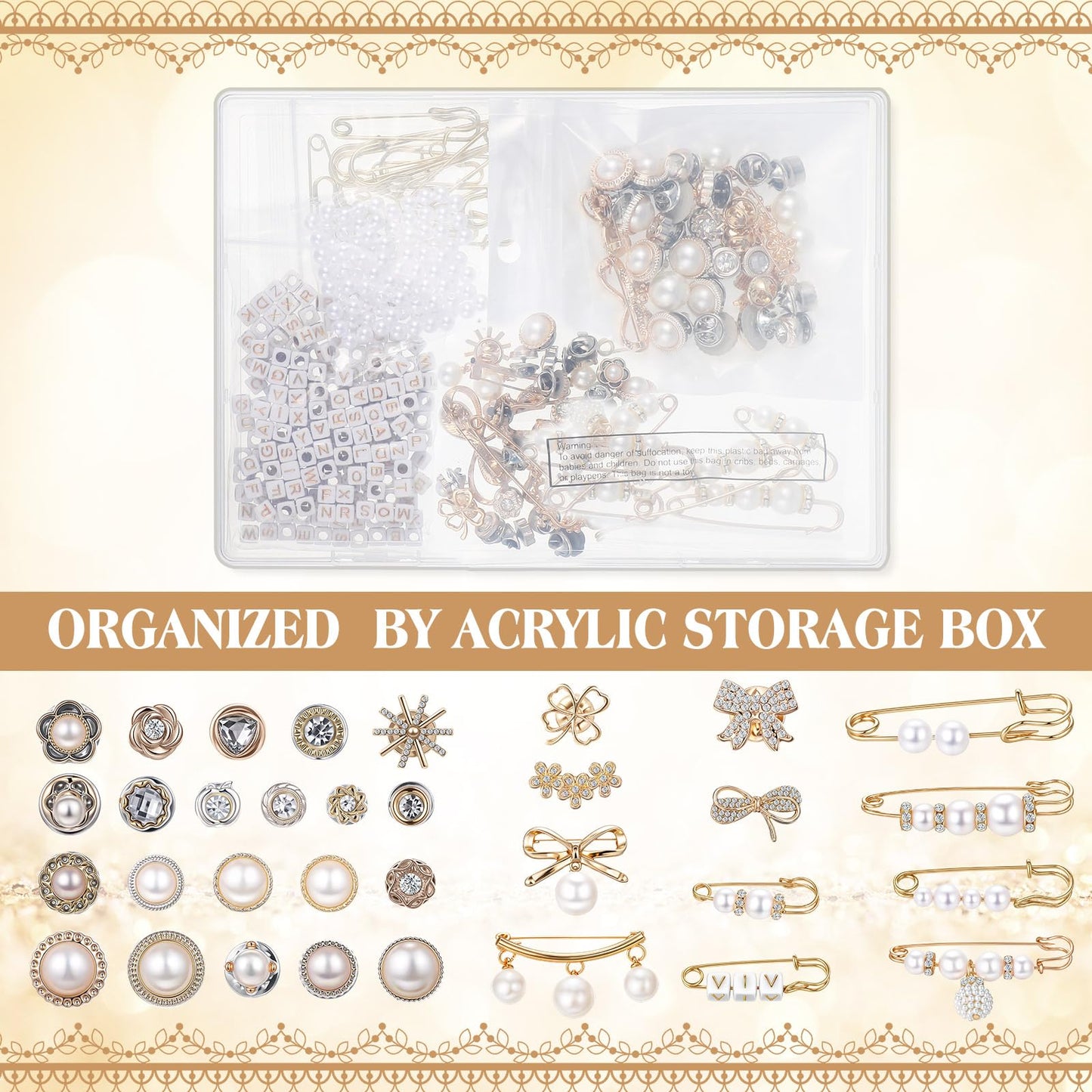 Janinka 348 Pcs DIY Junk Socks Charms Kit with Letter Beads, Gold Charm Safety Pin Brooch Pearl Rhinestone Jewelry Bulk Decorating Accessories for Women Socks Shoes Hat Clothes (Elegant Style)