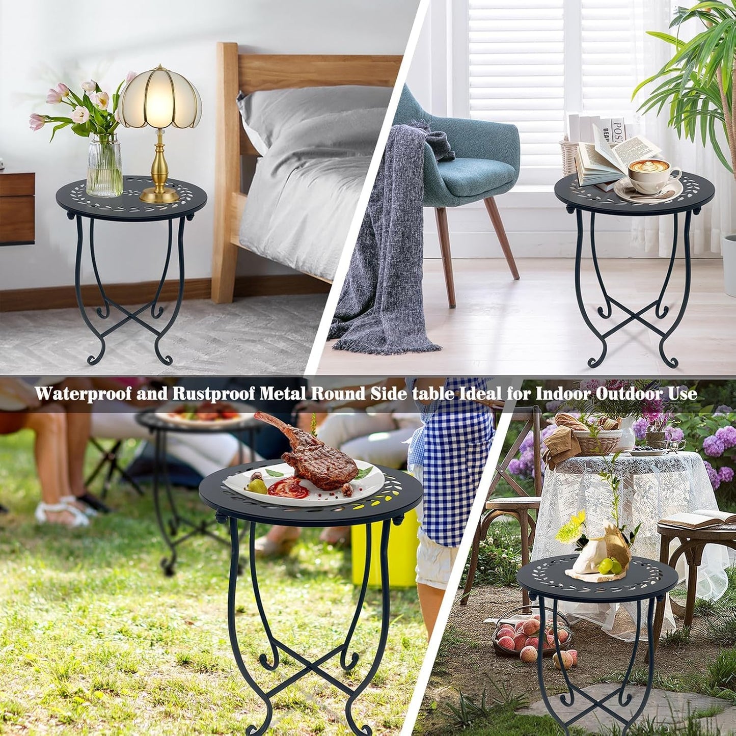 Aonagi Metal Round Side Table, 2 Pack 14 Inch Bedside Table for Living Room, Weather Resistant Black Metal Outdoor Side Table for Patio Balcony Yard Porch Garden, Plant Stand for Indoor Outdoor Use