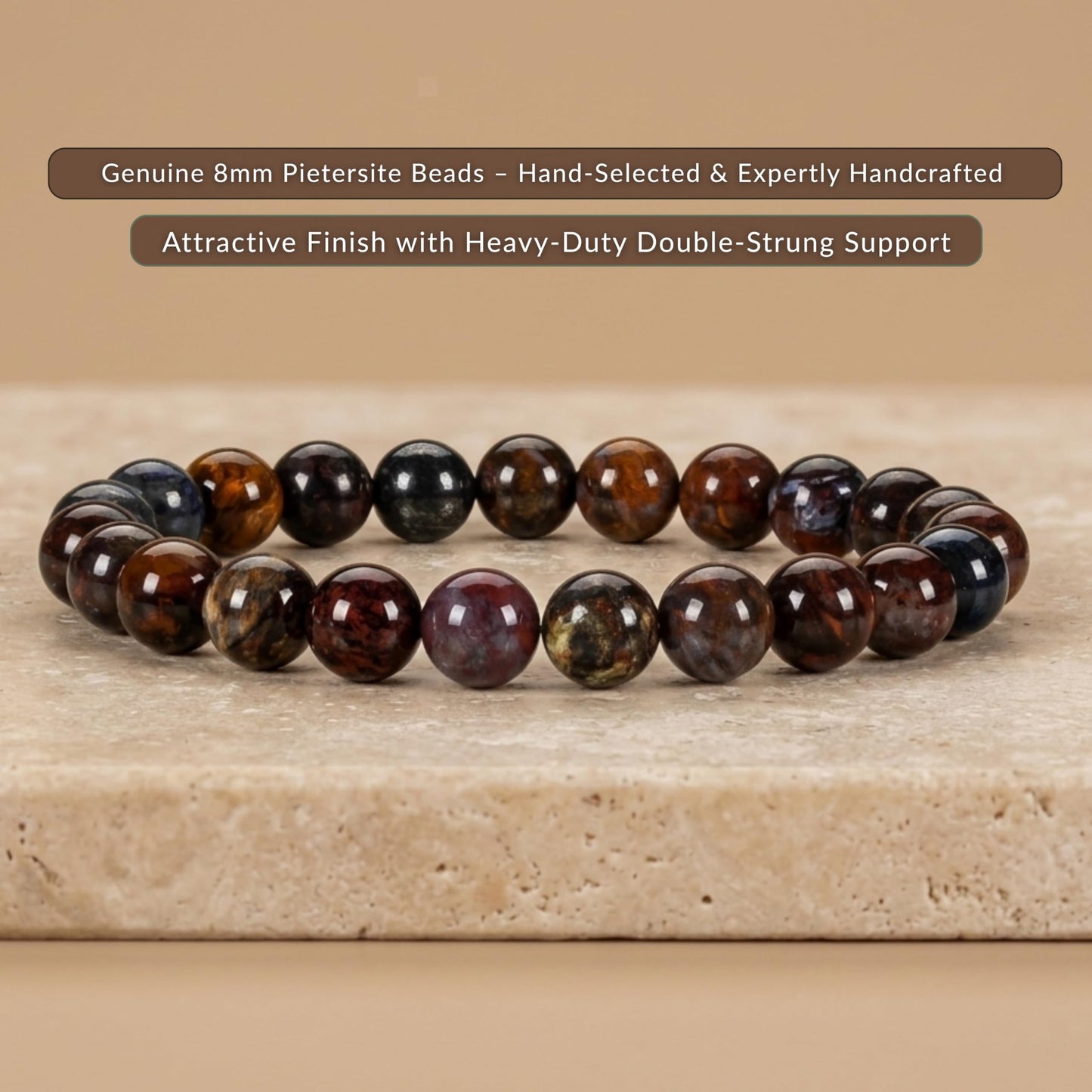 Cherry Tree Collection Pietersite Beaded Bracelet – Genuine 8mm Gemstone Stretch Bracelet for Men & Women – Handmade Crystal Bracelet - (Pietersite - M)