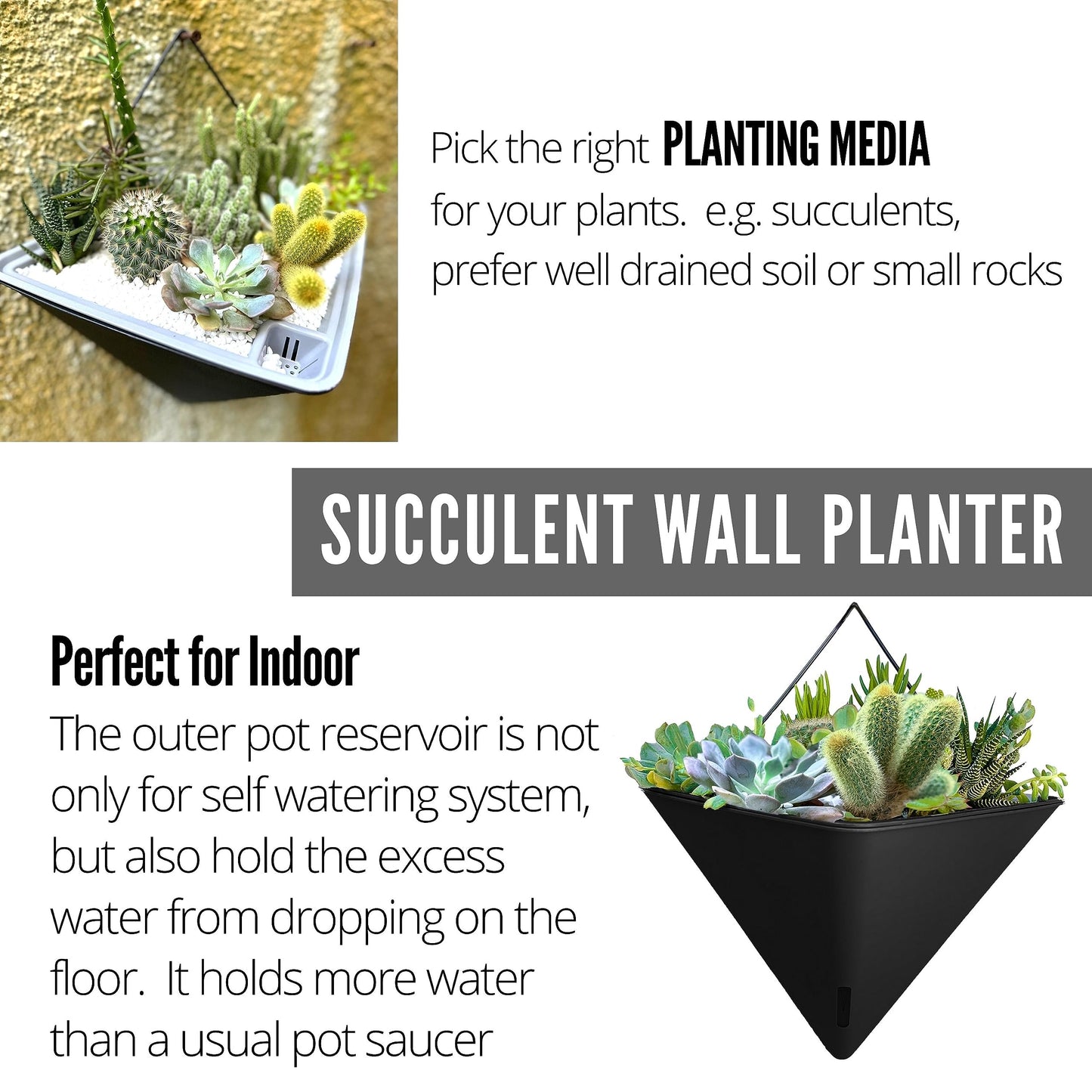 LaLaGreen Wall Planters - 4 Pack, 12 Inch Large Self Watering Black and Gray Mixed Color Geometric Indoor Vertical Garden Plant Wall Hanging Flower Vase Vessel with Black Metal Hanger Modern Stylish
