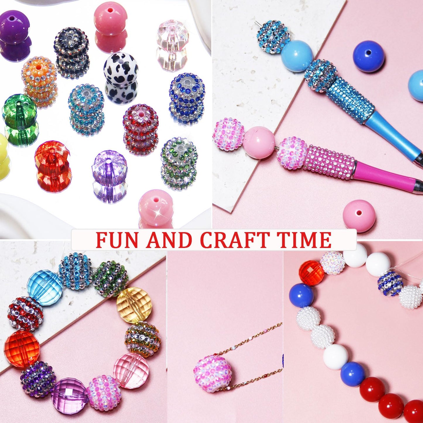 100Pcs 20mm Beads for Pens Making Rhinestone Beads Mixed Acrylic Bubblegum Bead Crystal Round Sparkly Chunky Bead for Pens Beadable Bracelet Necklace Keychain DIY Craft Jewelry Making Supplies